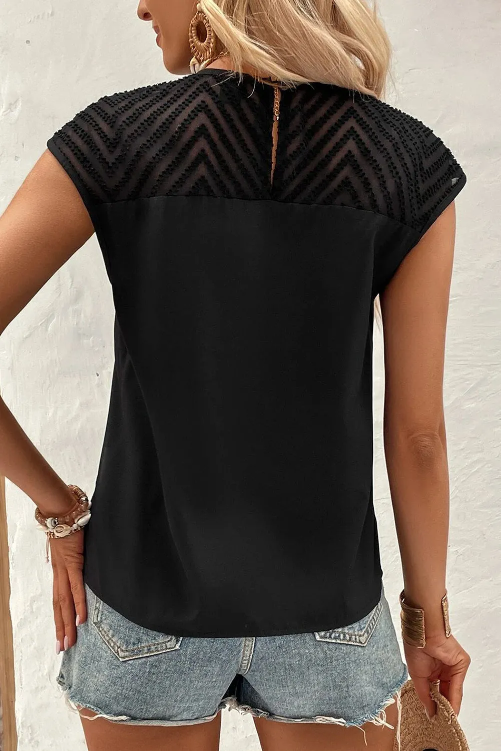 Black Textured Splicing Plain Cap Sleeve Top