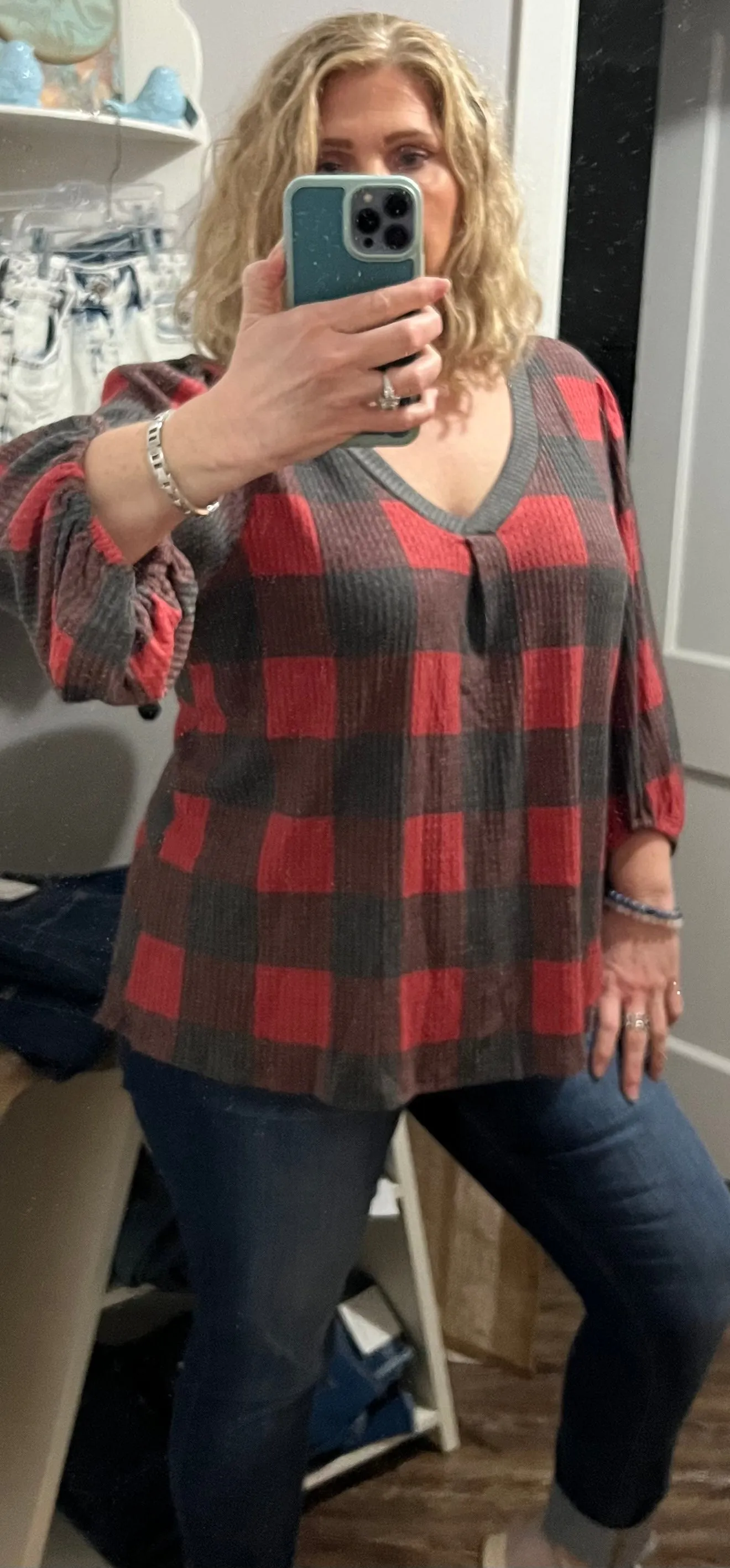 Blouse - V-neck top w/neckband contrast, Red Checks, Plus Size
