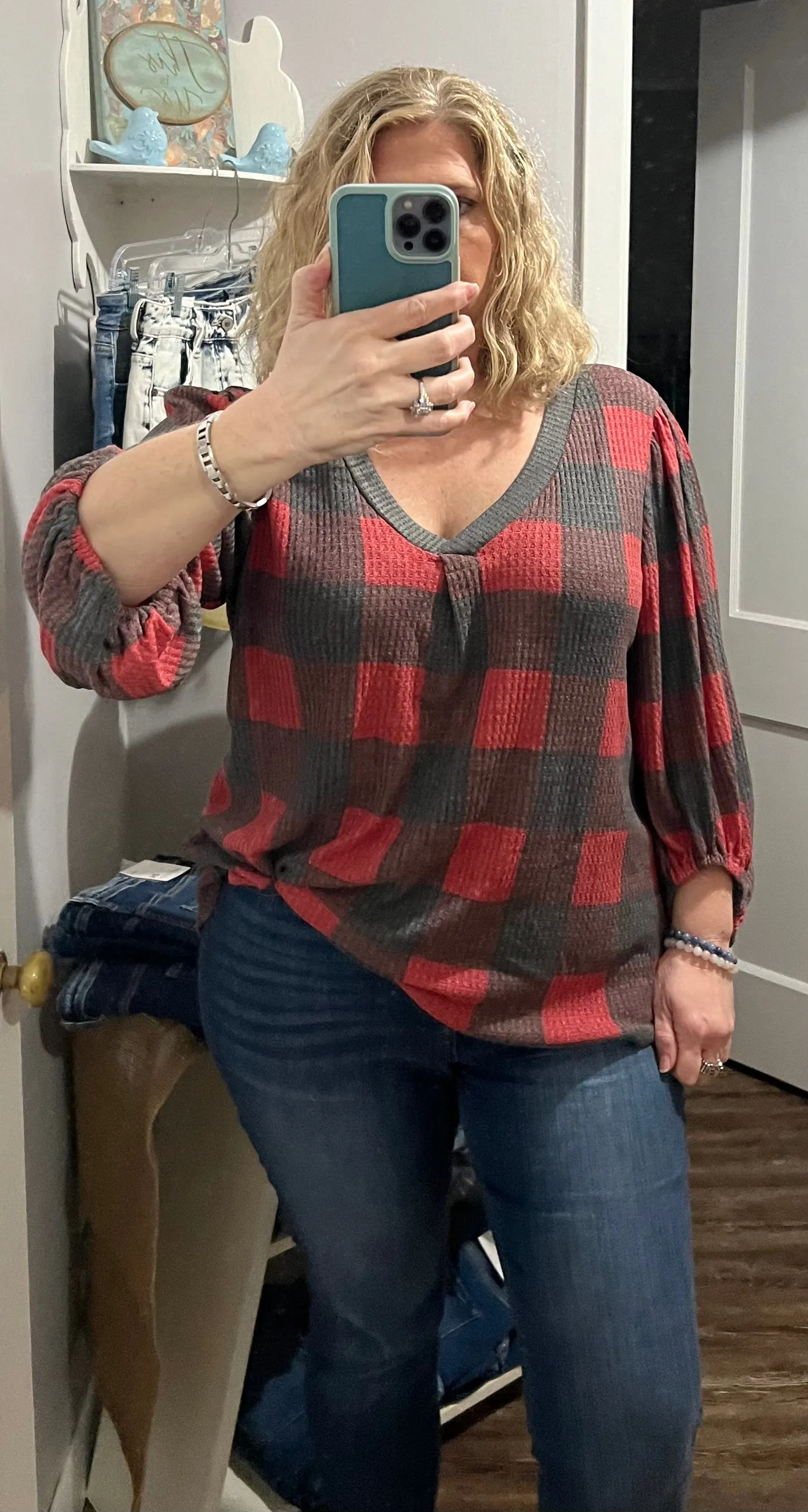 Blouse - V-neck top w/neckband contrast, Red Checks, Plus Size