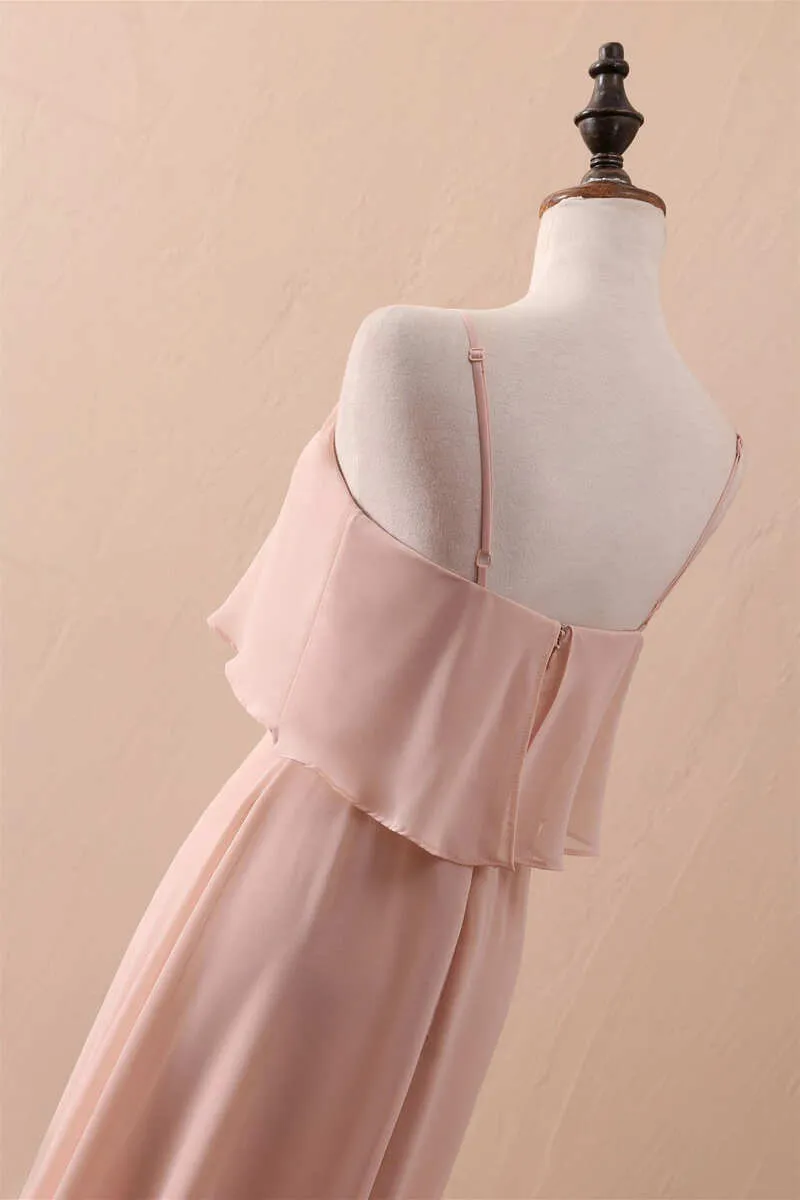 Blush Pink Spaghetti Strap Ruffled Long Bridesmaid Dress