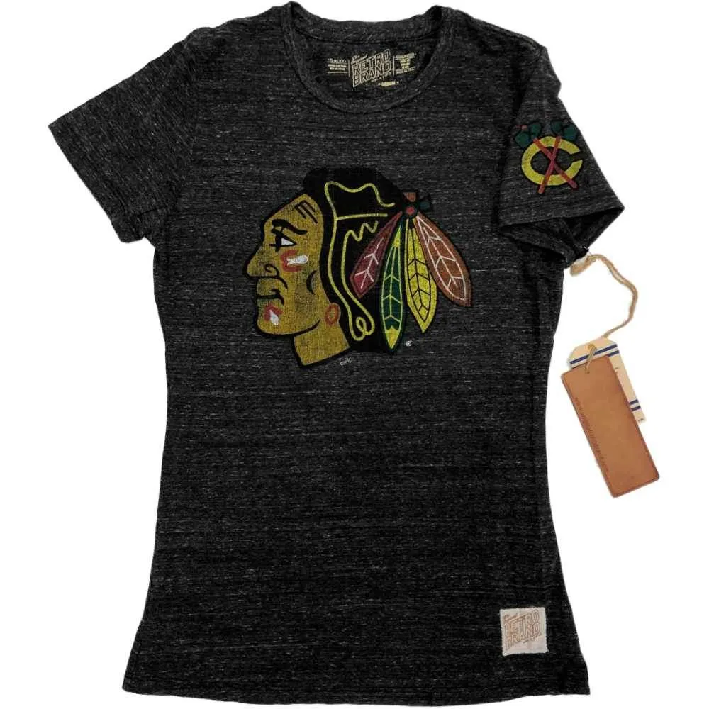 Chicago Blackhawks Retro Brand WOMENS Charcoal Gray SS Fitted T-Shirt (M)
