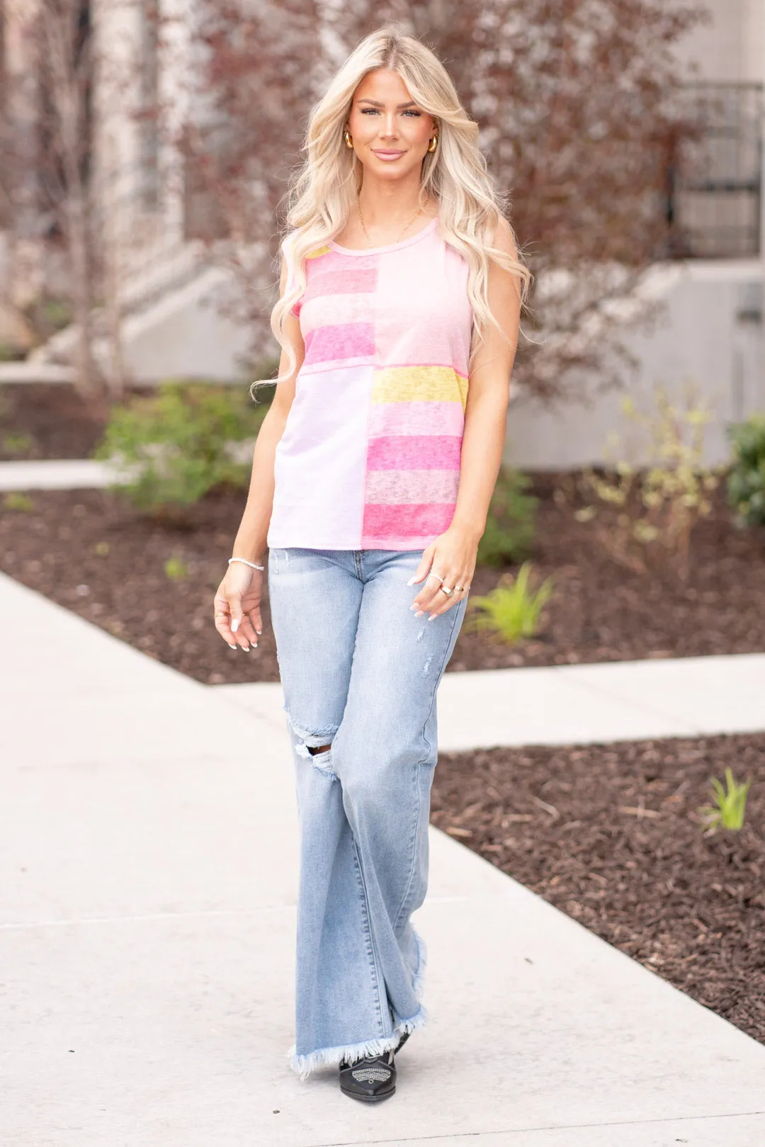 Color Block & Striped Round Neck Tank