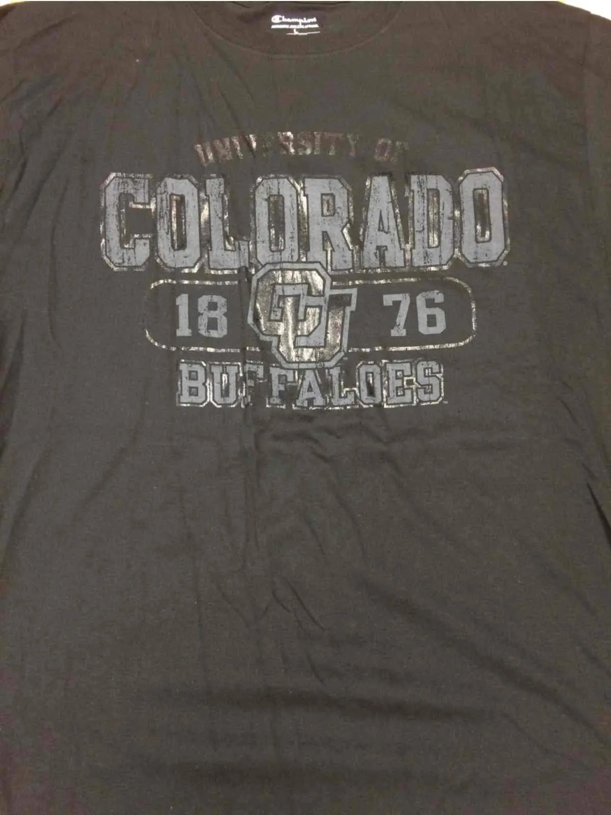 Colorado Buffaloes Champion Black Glitter Style Logo SS Crew Neck T-Shirt (L)