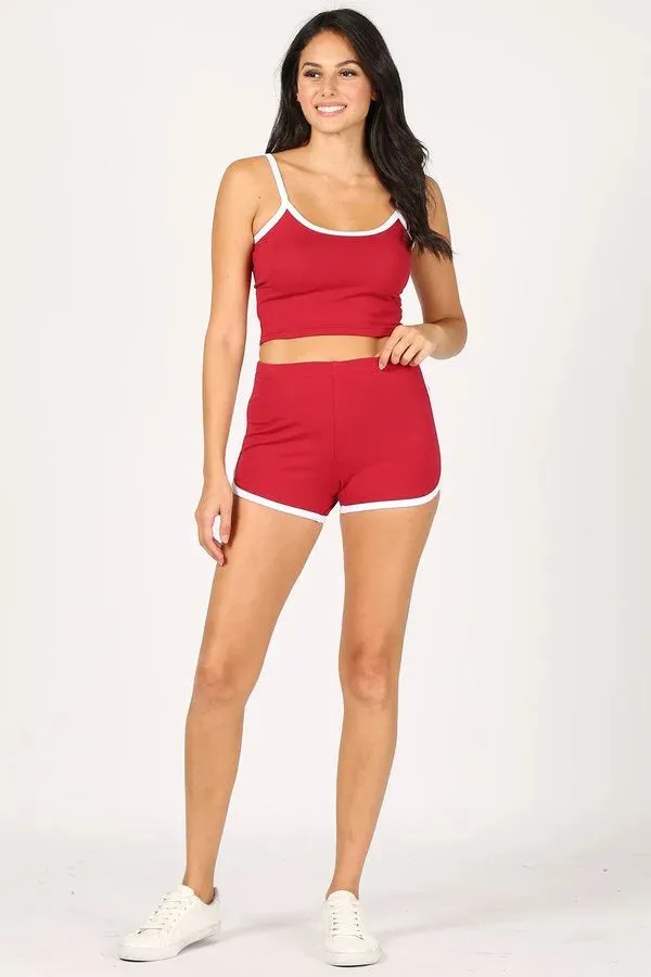 CONTRAST TRIM CROP CAMI TANK AND DOLPHIN SHORTS SET