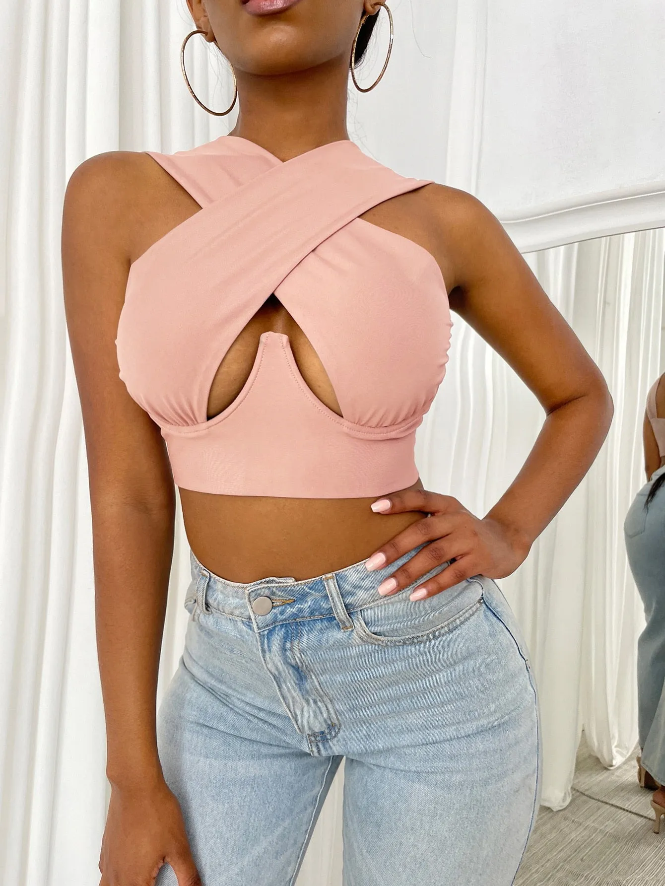Cross Wrap Sleeveless Cut-Out Front Crop Top