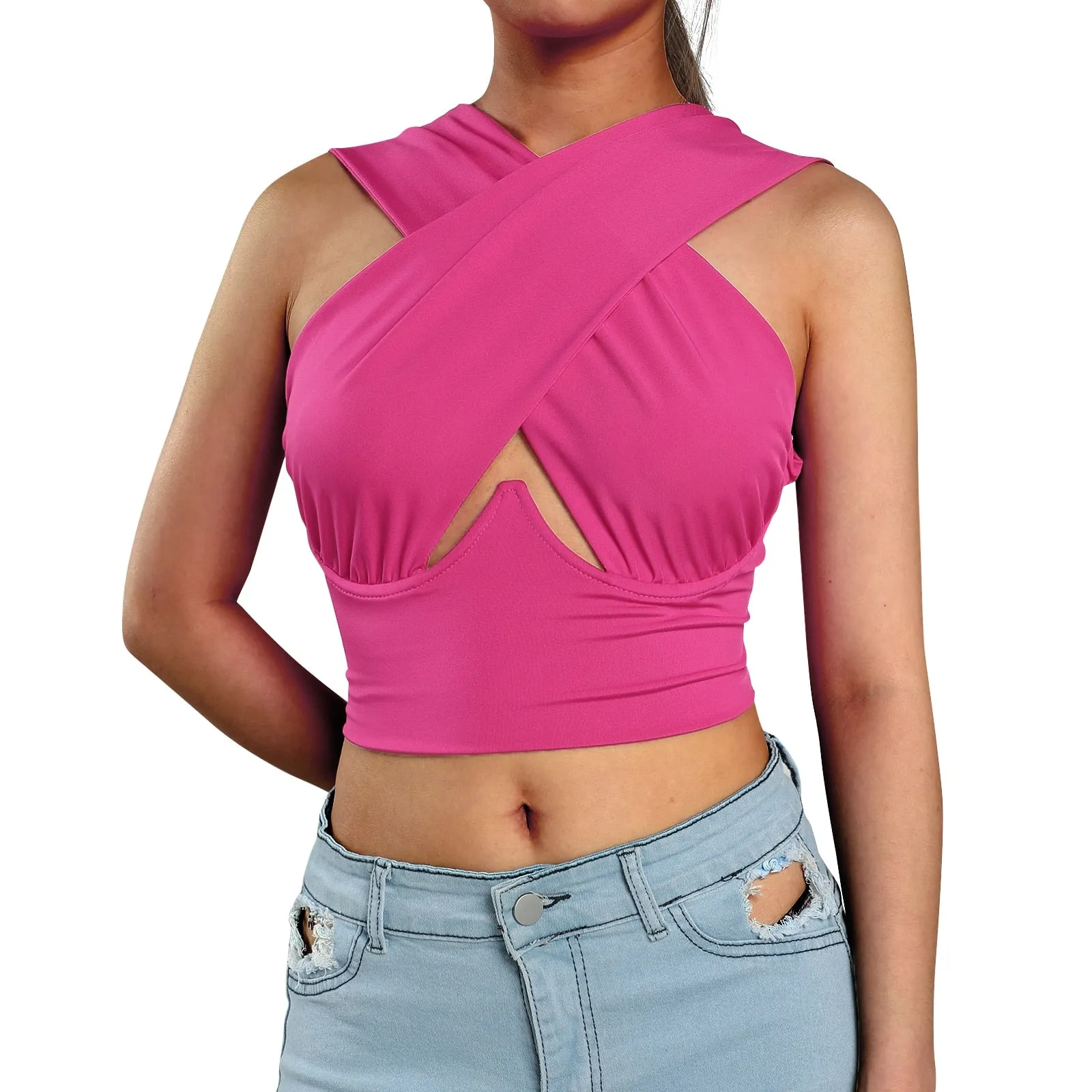 Cross Wrap Sleeveless Cut-Out Front Crop Top