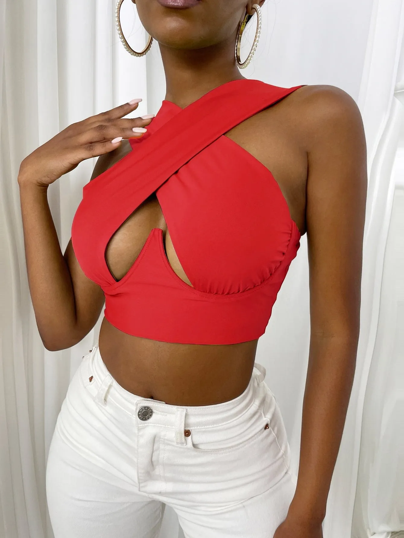 Cross Wrap Sleeveless Cut-Out Front Crop Top