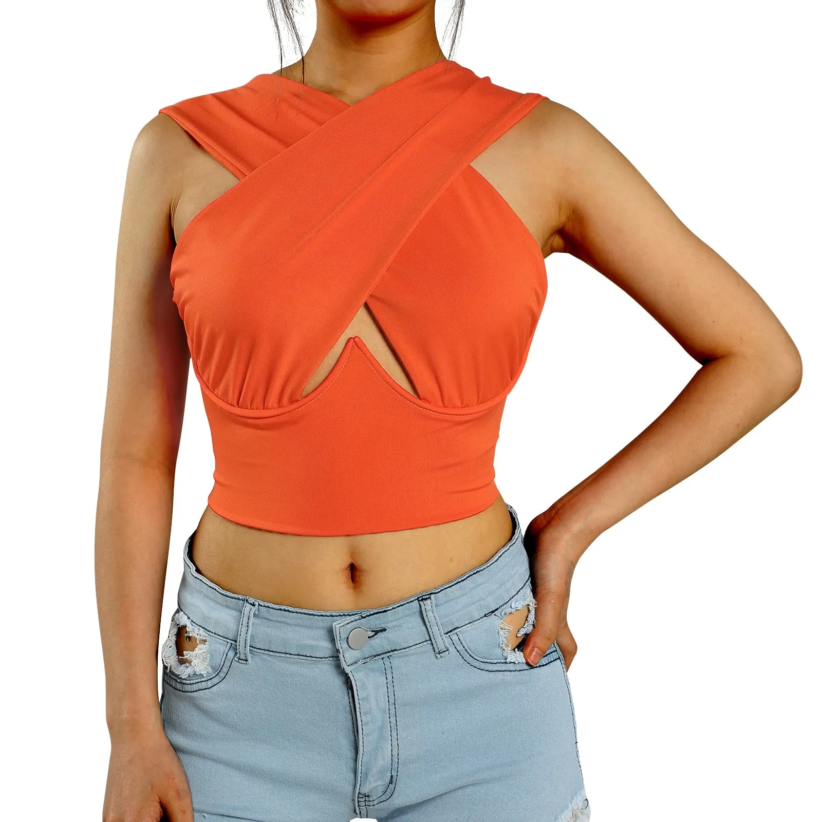 Cross Wrap Sleeveless Cut-Out Front Crop Top