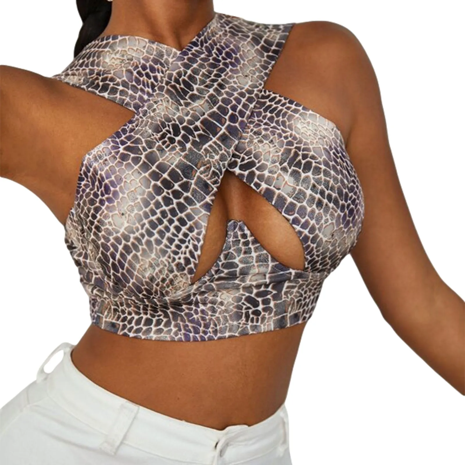 Cross Wrap Sleeveless Cut-Out Front Crop Top