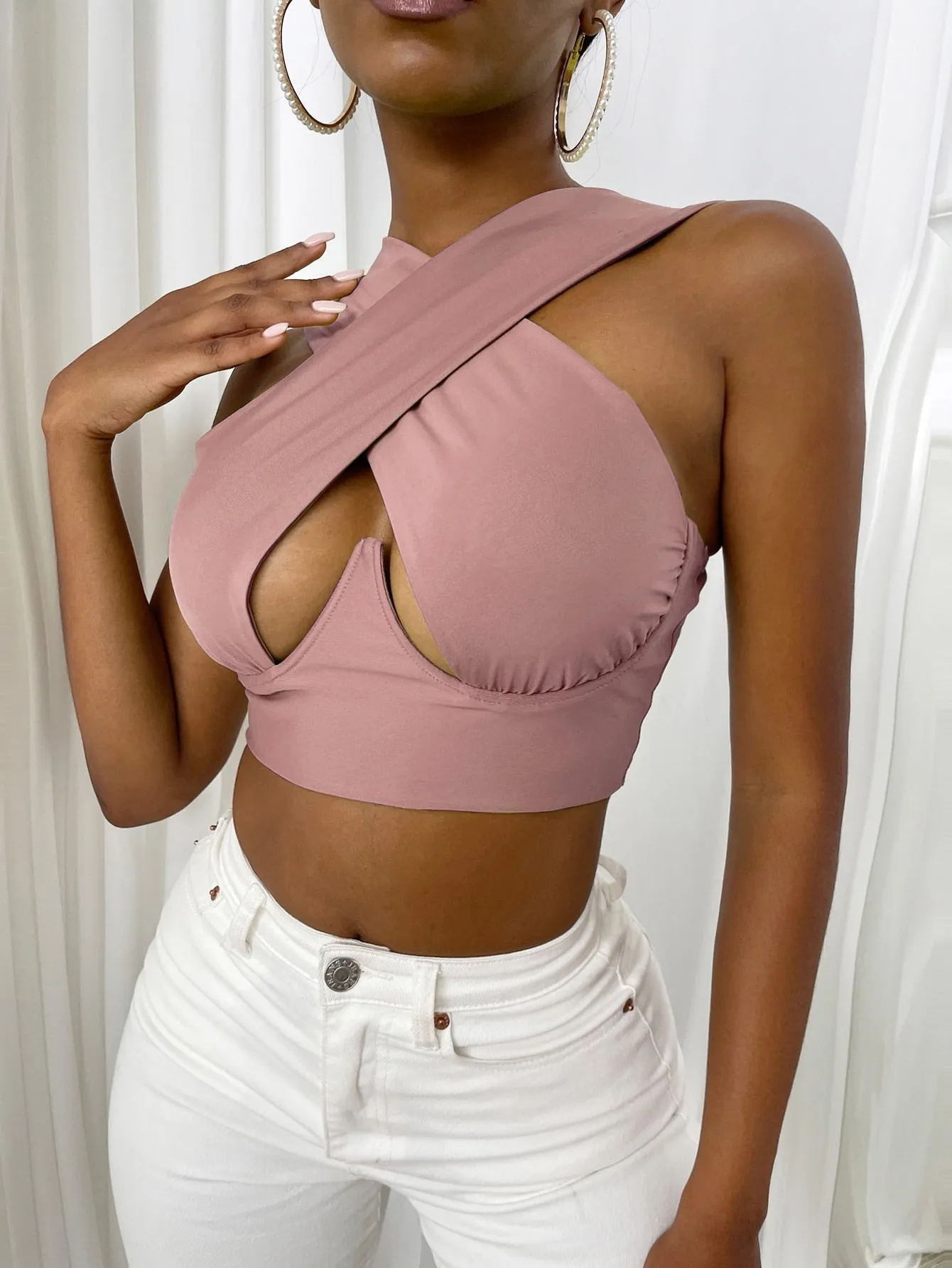 Cross Wrap Sleeveless Cut-Out Front Crop Top
