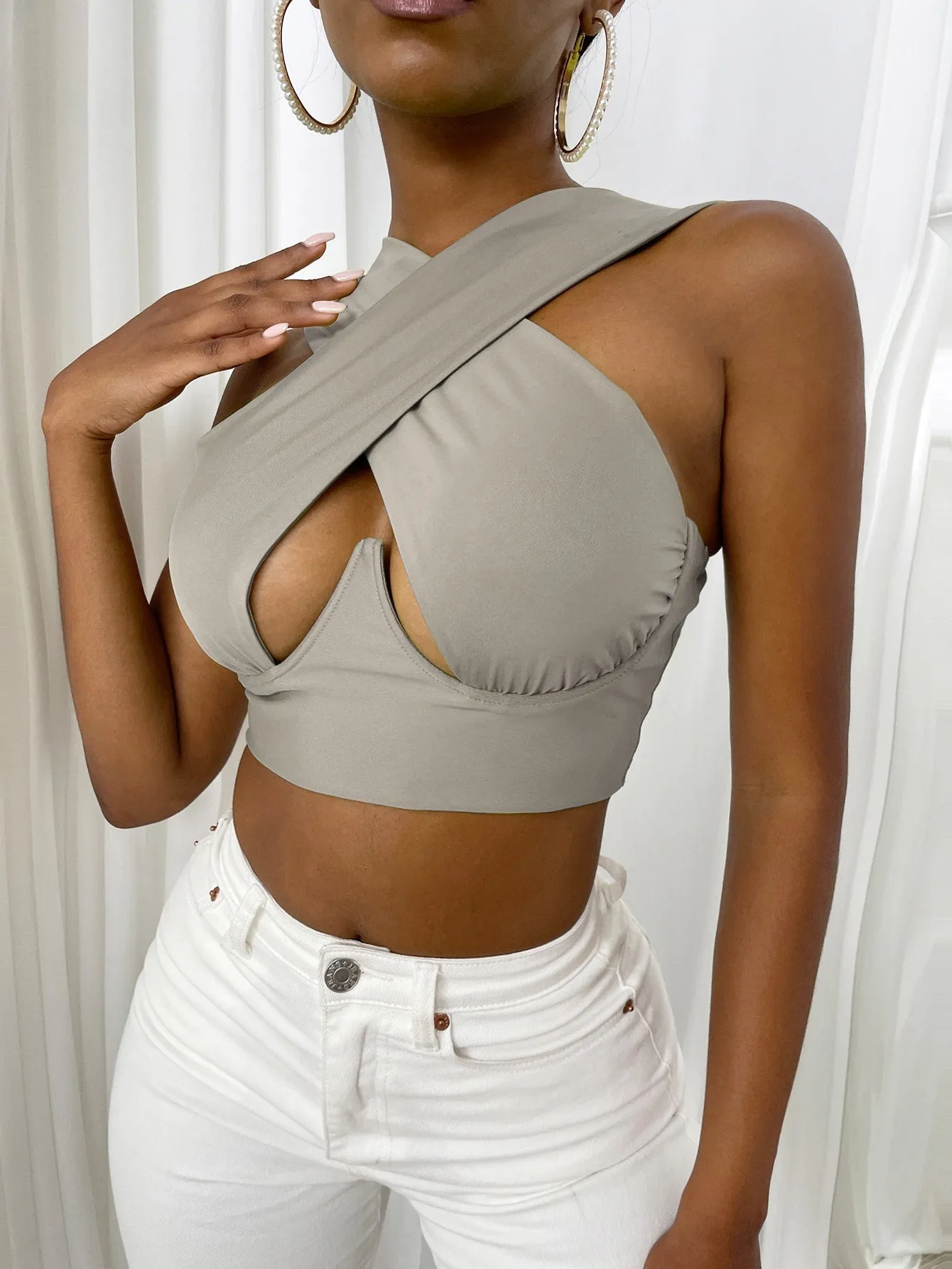 Cross Wrap Sleeveless Cut-Out Front Crop Top