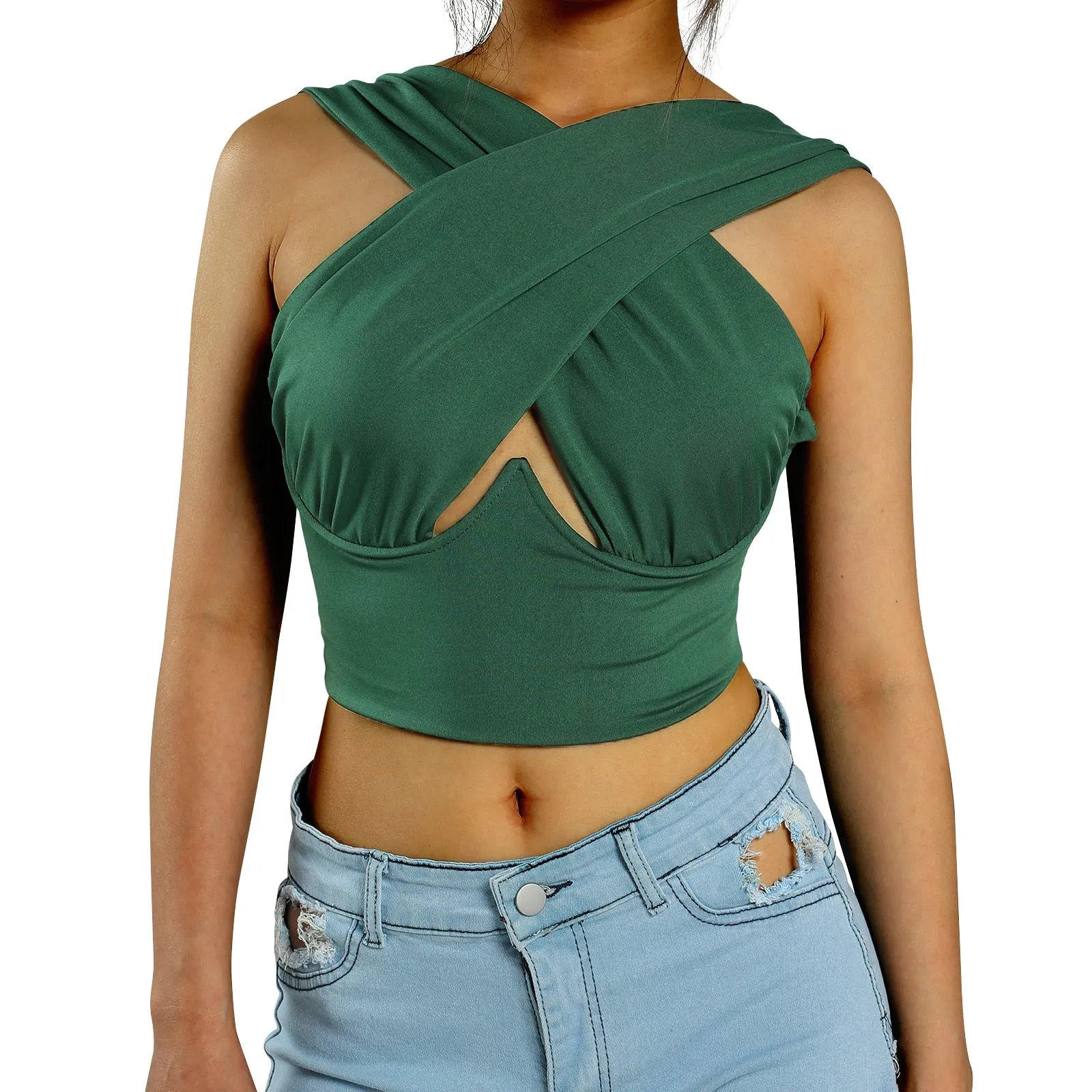 Cross Wrap Sleeveless Cut-Out Front Crop Top