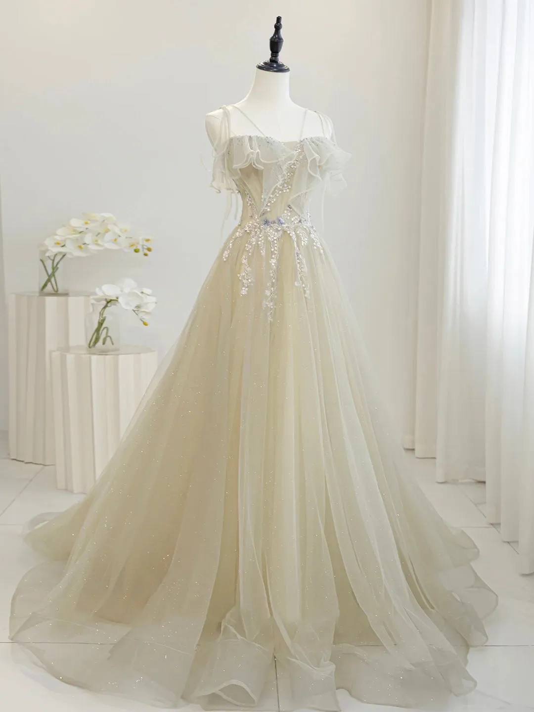 Cute Tulle Sequins Floor Length Prom Dress Beautiful Spaghetti Strap Evening Party Dress