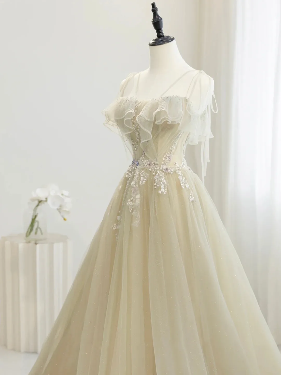 Cute Tulle Sequins Floor Length Prom Dress Beautiful Spaghetti Strap Evening Party Dress