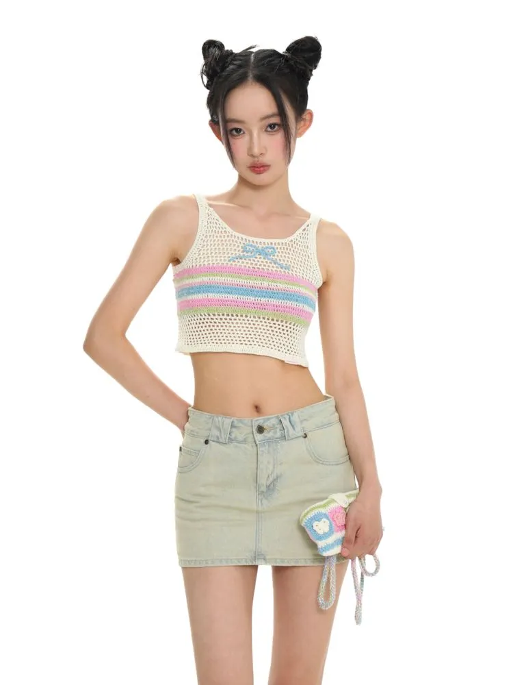 Cutout collision color striped bow tank top【s0000008643】