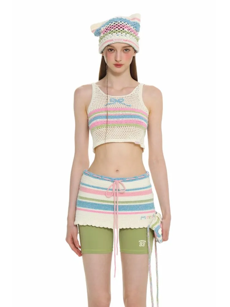 Cutout collision color striped bow tank top【s0000008643】