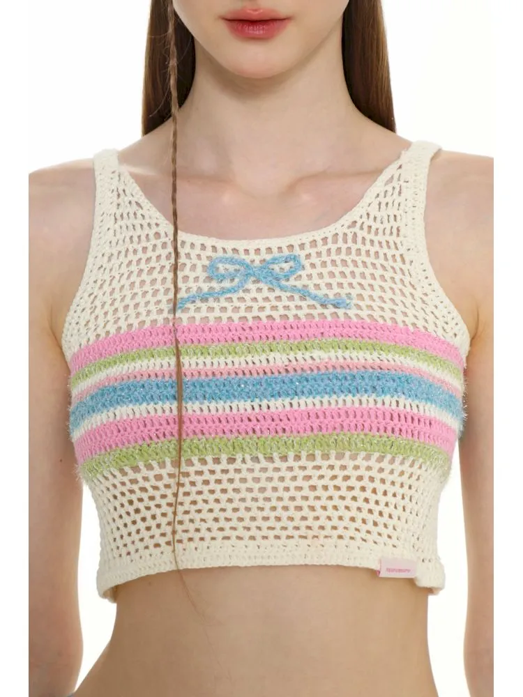 Cutout collision color striped bow tank top【s0000008643】