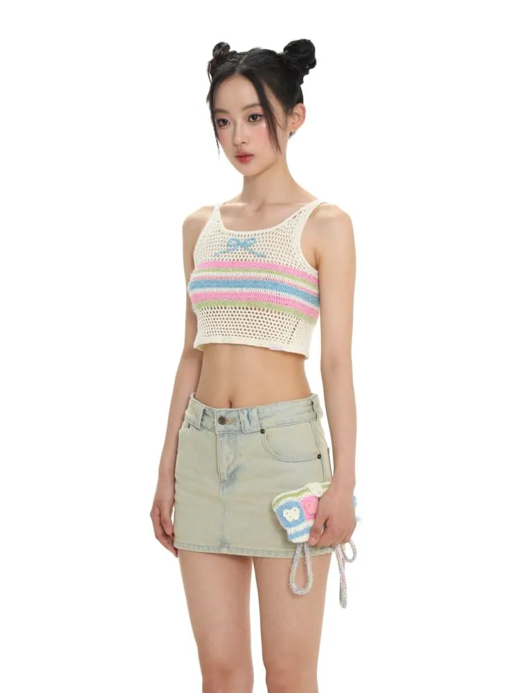 Cutout collision color striped bow tank top【s0000008643】