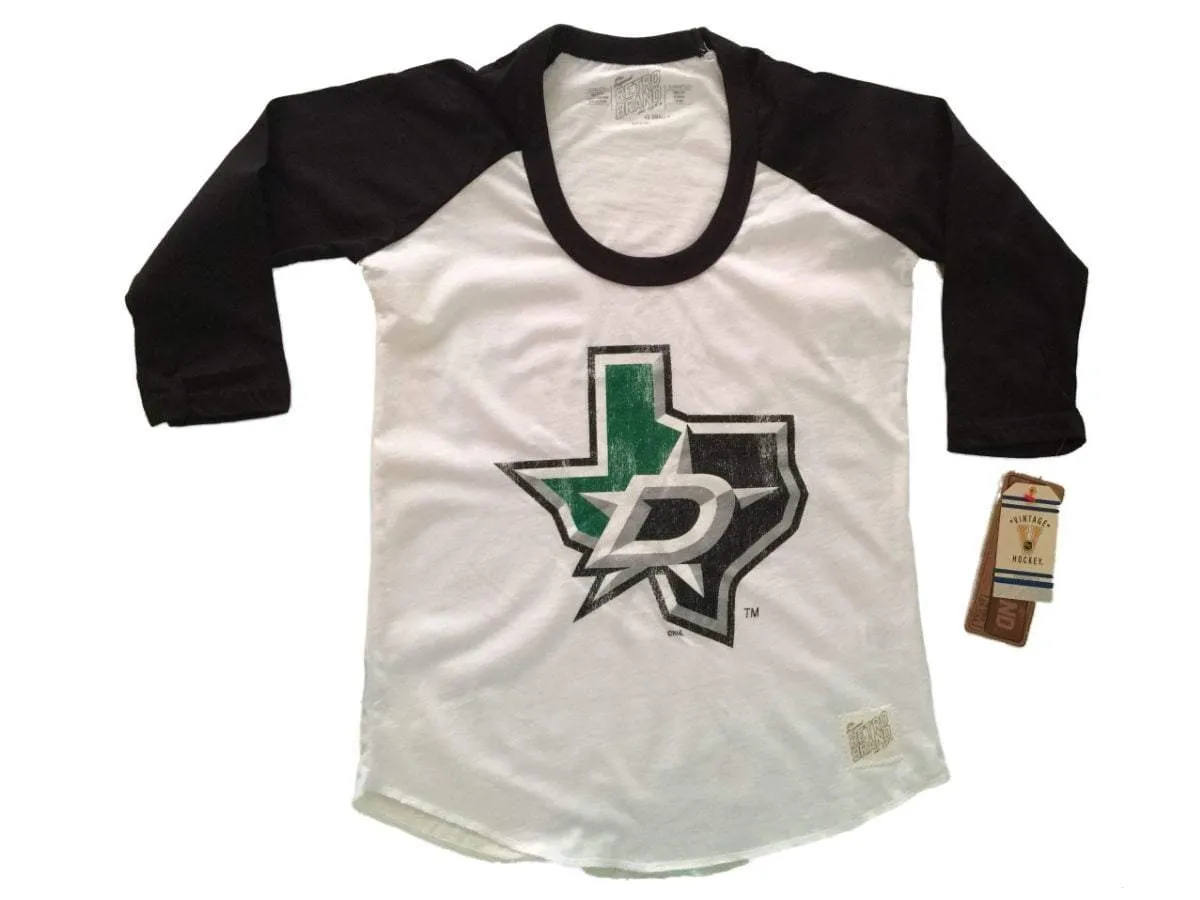 Dallas Stars Retro Brand WOMEN White Black Alternate Logo 3/4 Sleeve T-Shirt