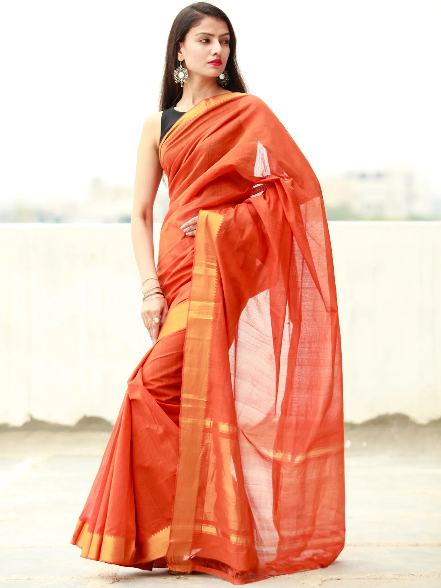 Deep Orange Handloom Mangalagiri Cotton Saree With Zari Border - S031704056