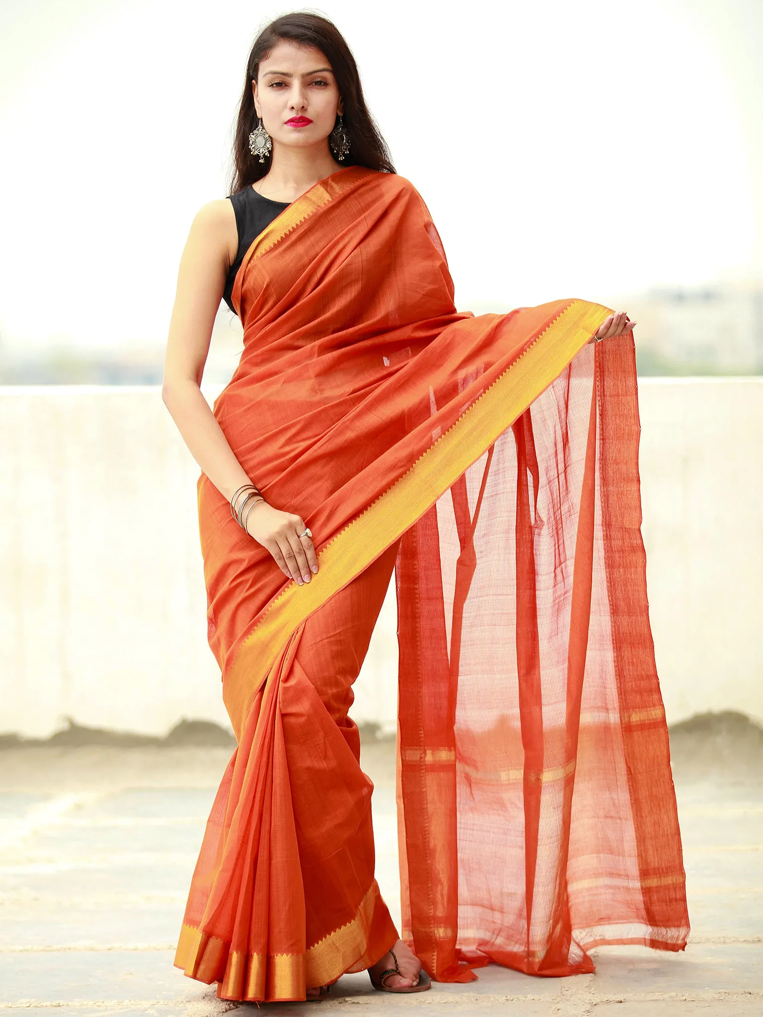 Deep Orange Handloom Mangalagiri Cotton Saree With Zari Border - S031704056