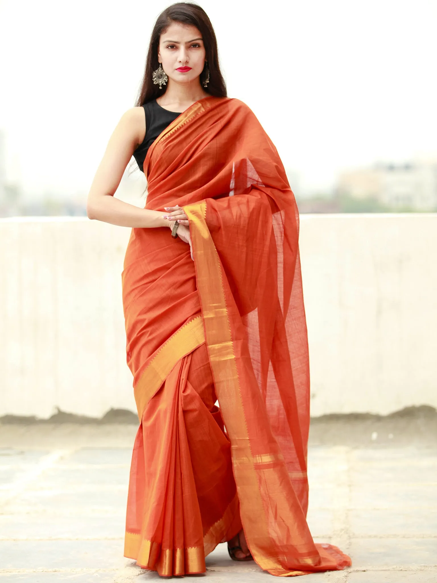 Deep Orange Handloom Mangalagiri Cotton Saree With Zari Border - S031704056