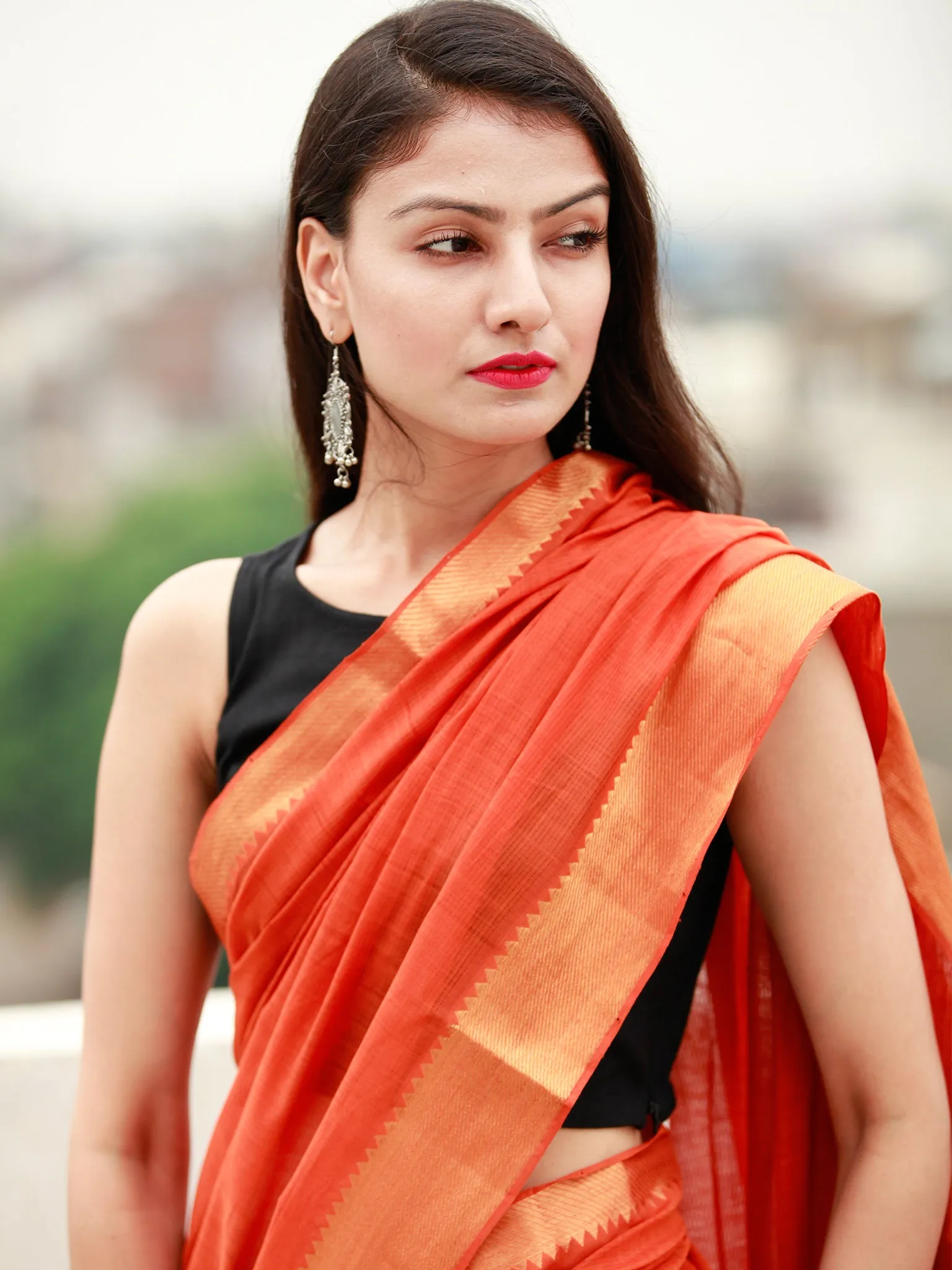 Deep Orange Handloom Mangalagiri Cotton Saree With Zari Border - S031704056