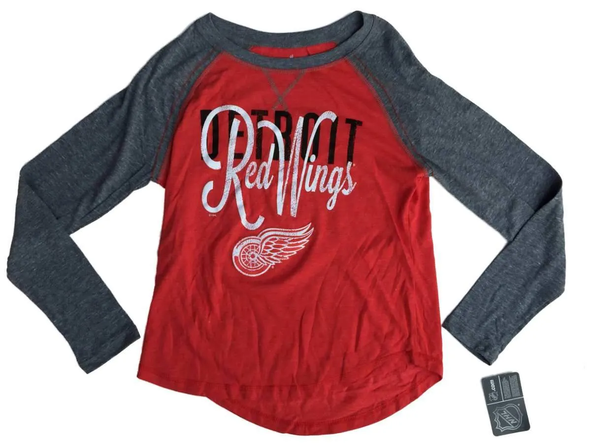Detroit Red Wings SAAG Women Red Gray Triblend LS Baseball T-Shirt