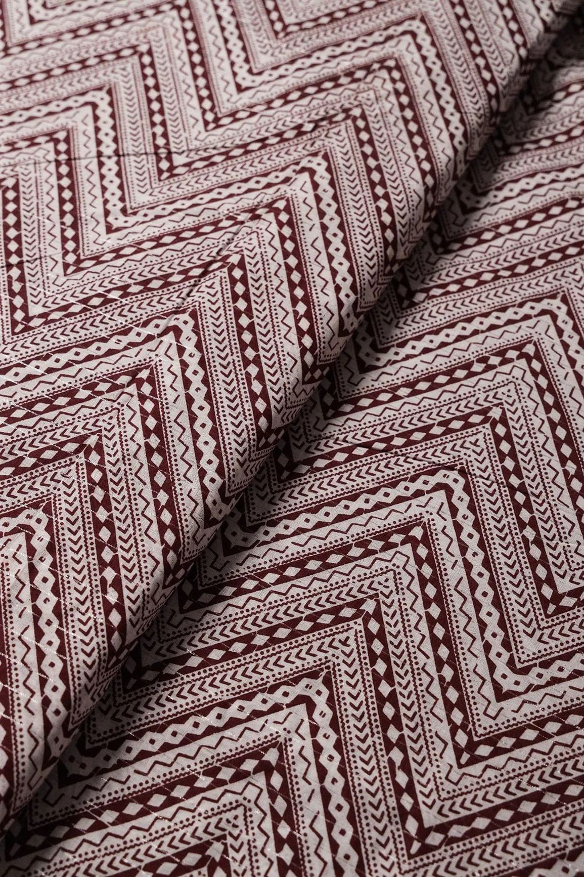 Maroon And White Chevron Pattern Screen Print Lurex Organic Cotton Fabric