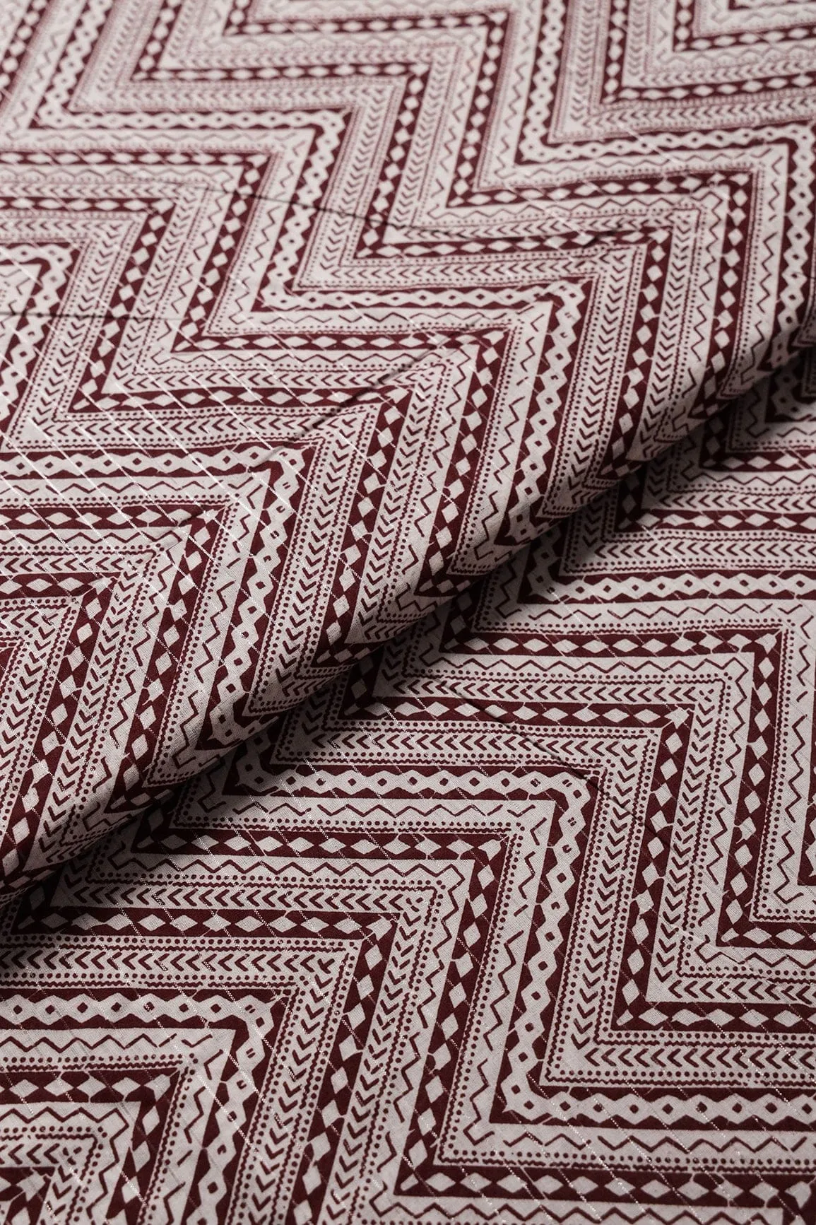 Maroon And White Chevron Pattern Screen Print Lurex Organic Cotton Fabric