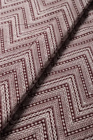 Maroon And White Chevron Pattern Screen Print Lurex Organic Cotton Fabric