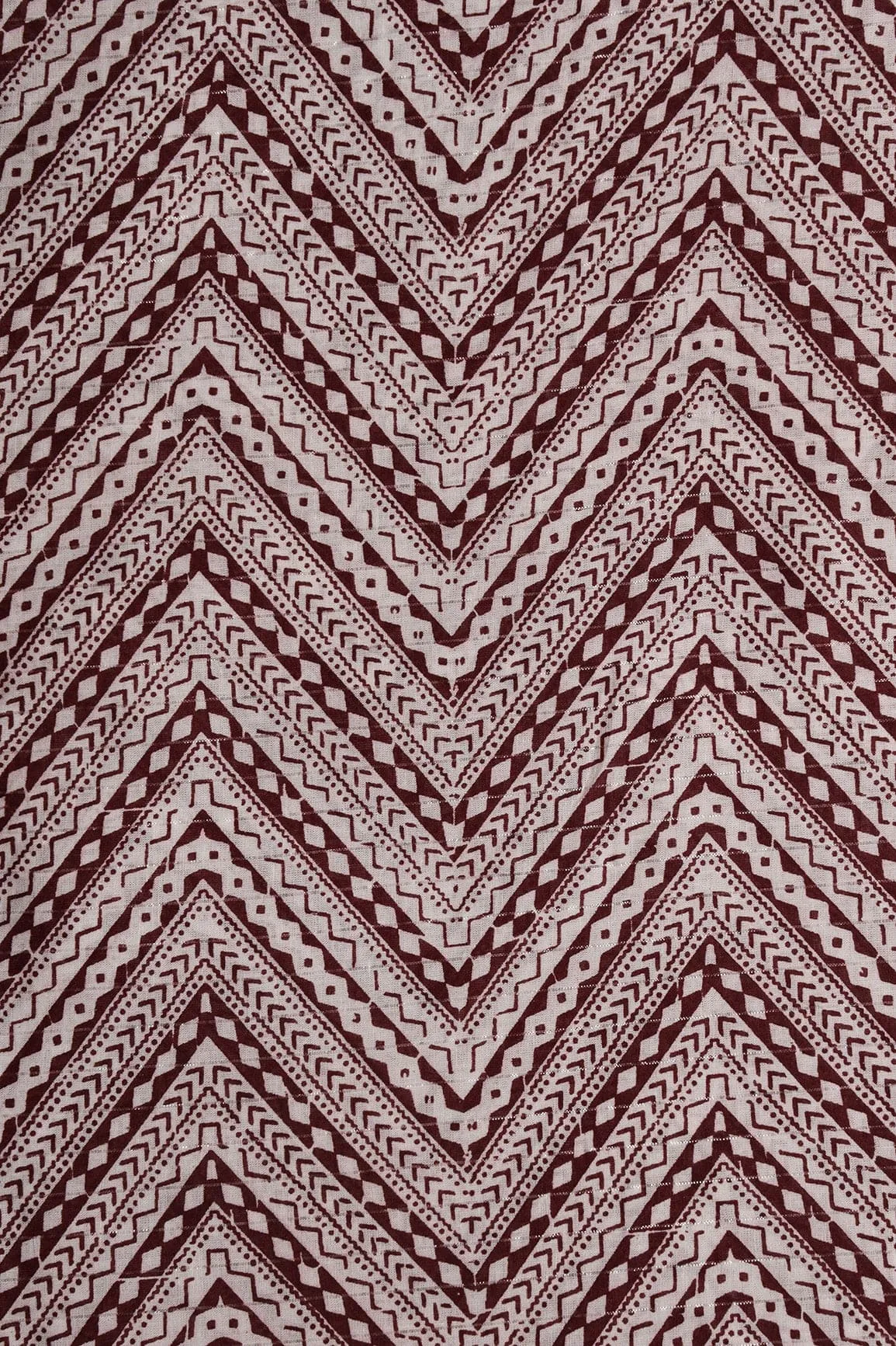 Maroon And White Chevron Pattern Screen Print Lurex Organic Cotton Fabric