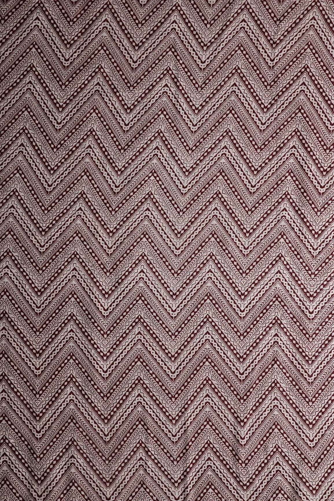 Maroon And White Chevron Pattern Screen Print Lurex Organic Cotton Fabric