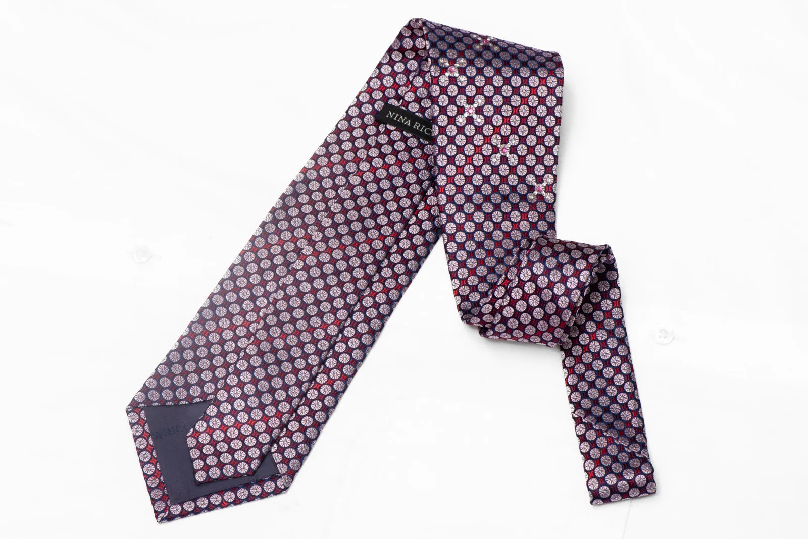 Mauve Burgundy Red Geometric Design Silk Necktie With Rhinestones