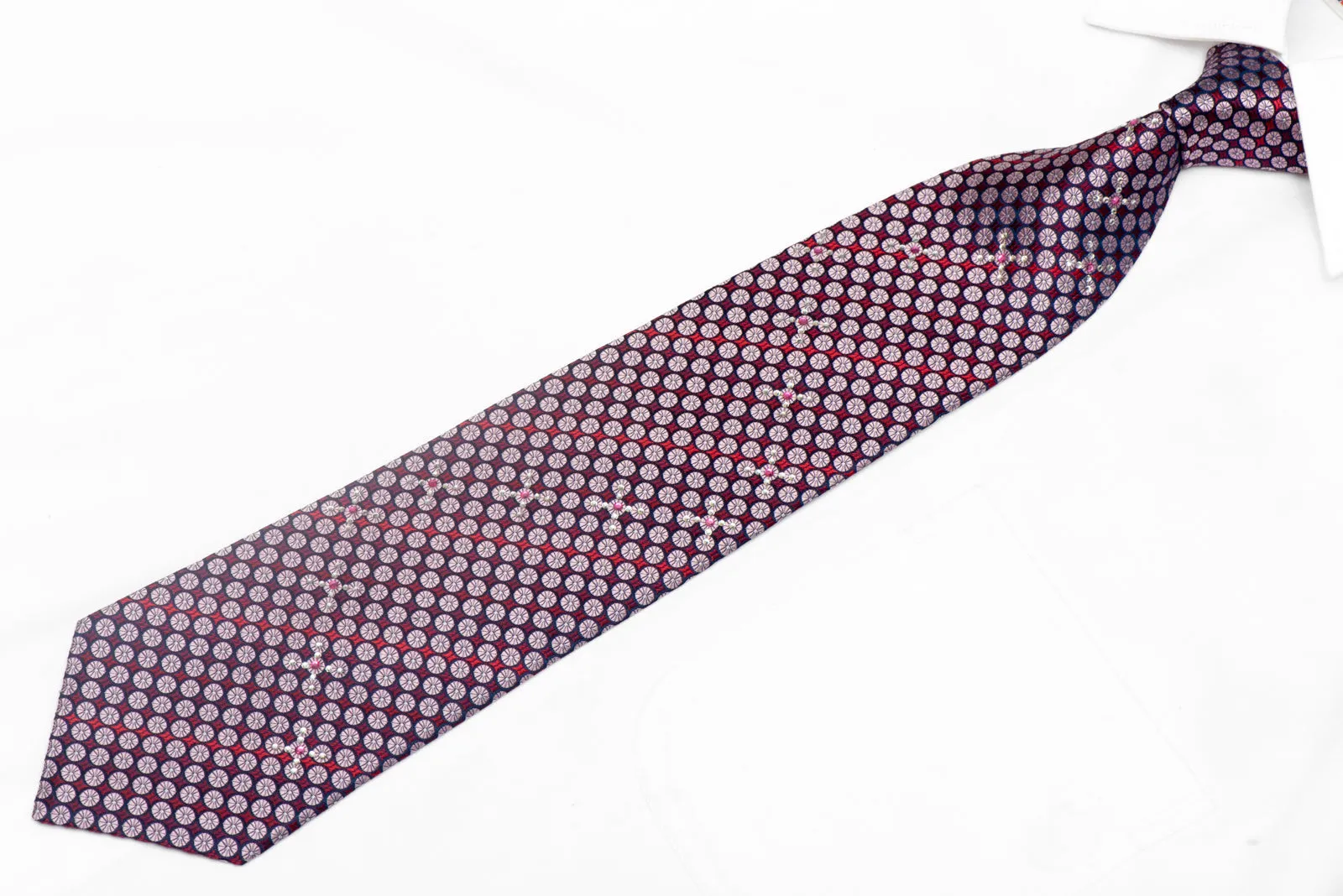 Mauve Burgundy Red Geometric Design Silk Necktie With Rhinestones