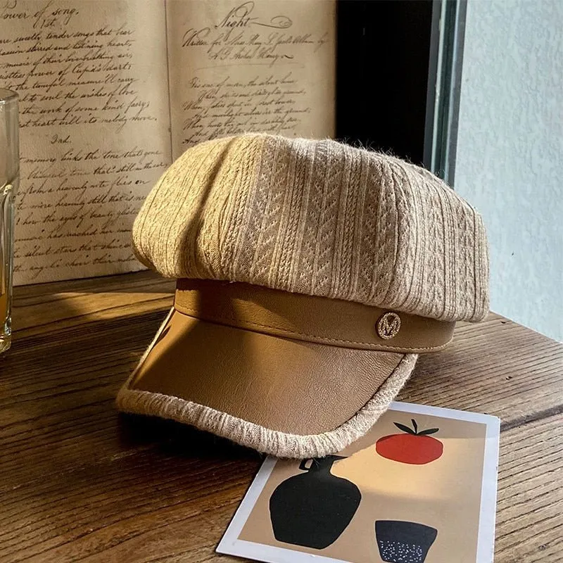 Newsboy Hat Womens with Chic Leather Brim
