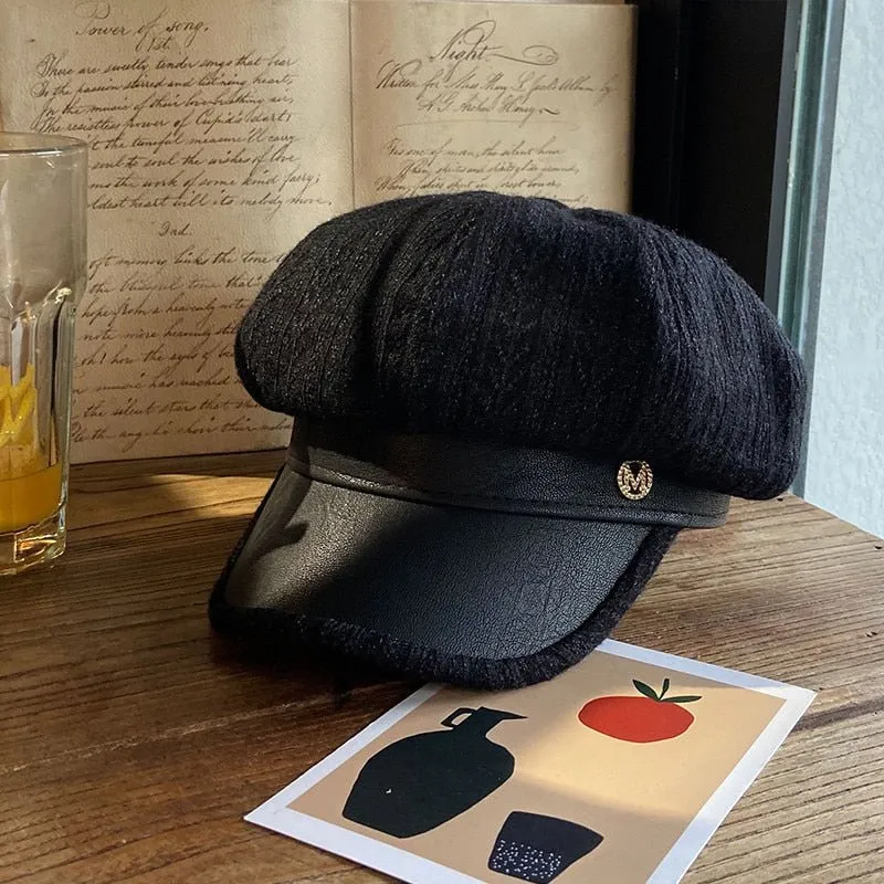 Newsboy Hat Womens with Chic Leather Brim