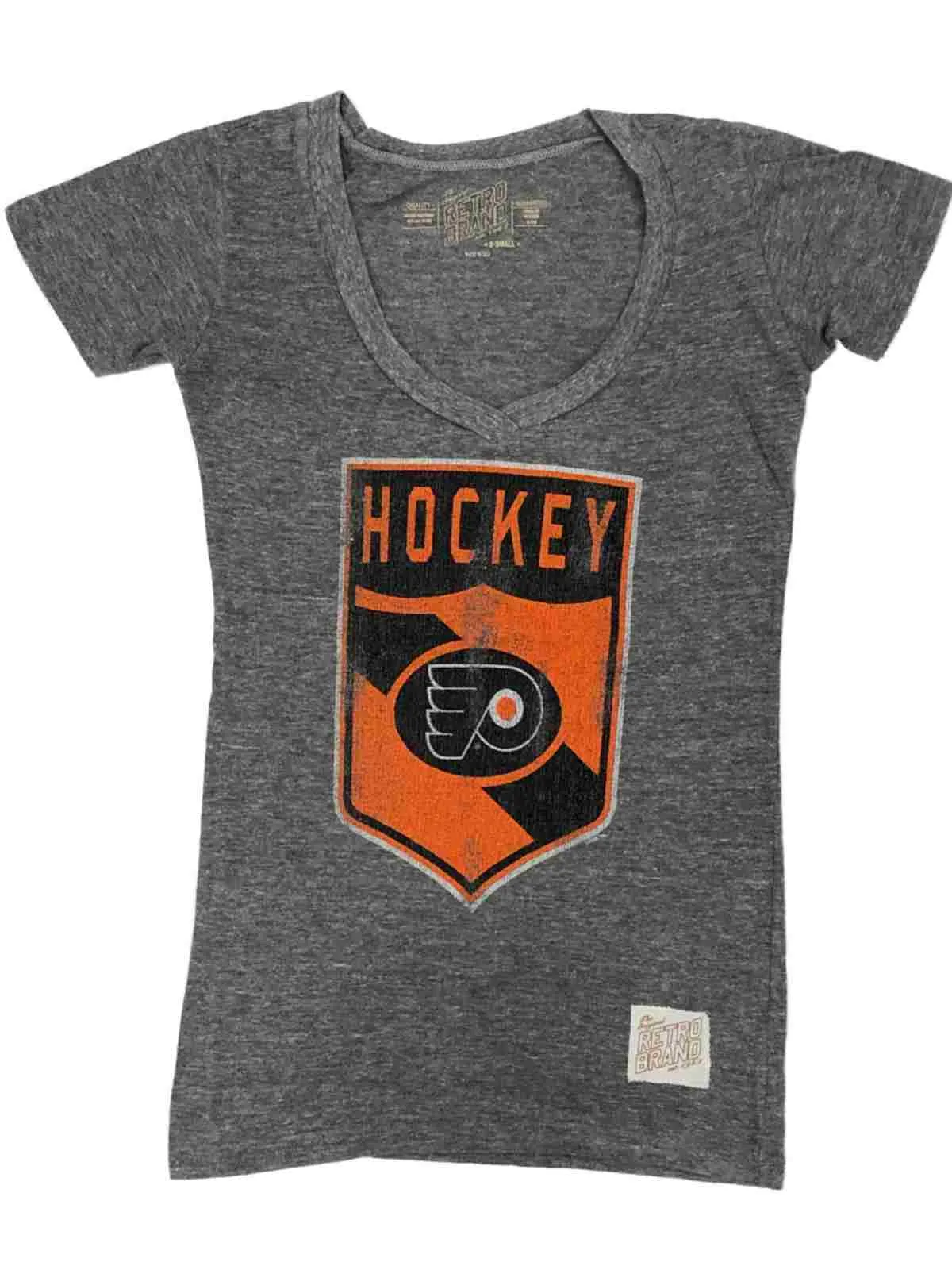 Philadelphia Flyers Retro Brand WOMEN Gray Hockey Shield V-Neck T-Shirt