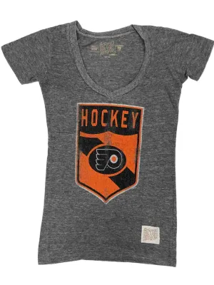 Philadelphia Flyers Retro Brand WOMEN Gray Hockey Shield V-Neck T-Shirt