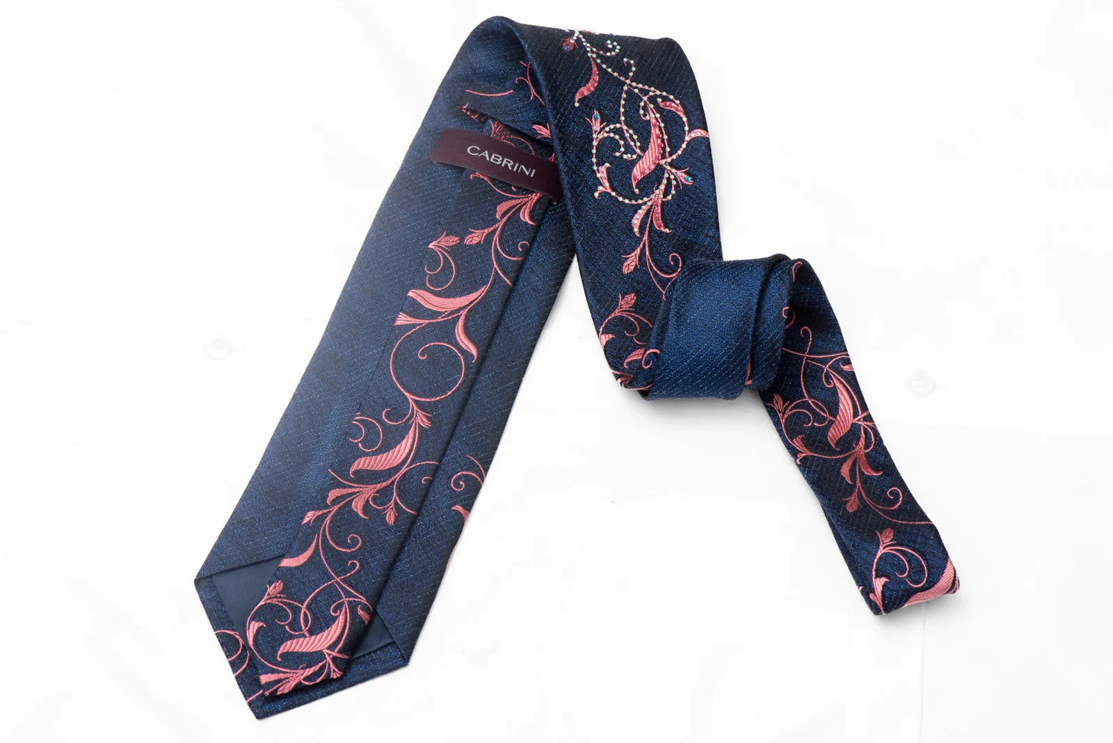 Pink Floral Scrolls On Navy Silk Necktie With Pink Blue Rhinestones