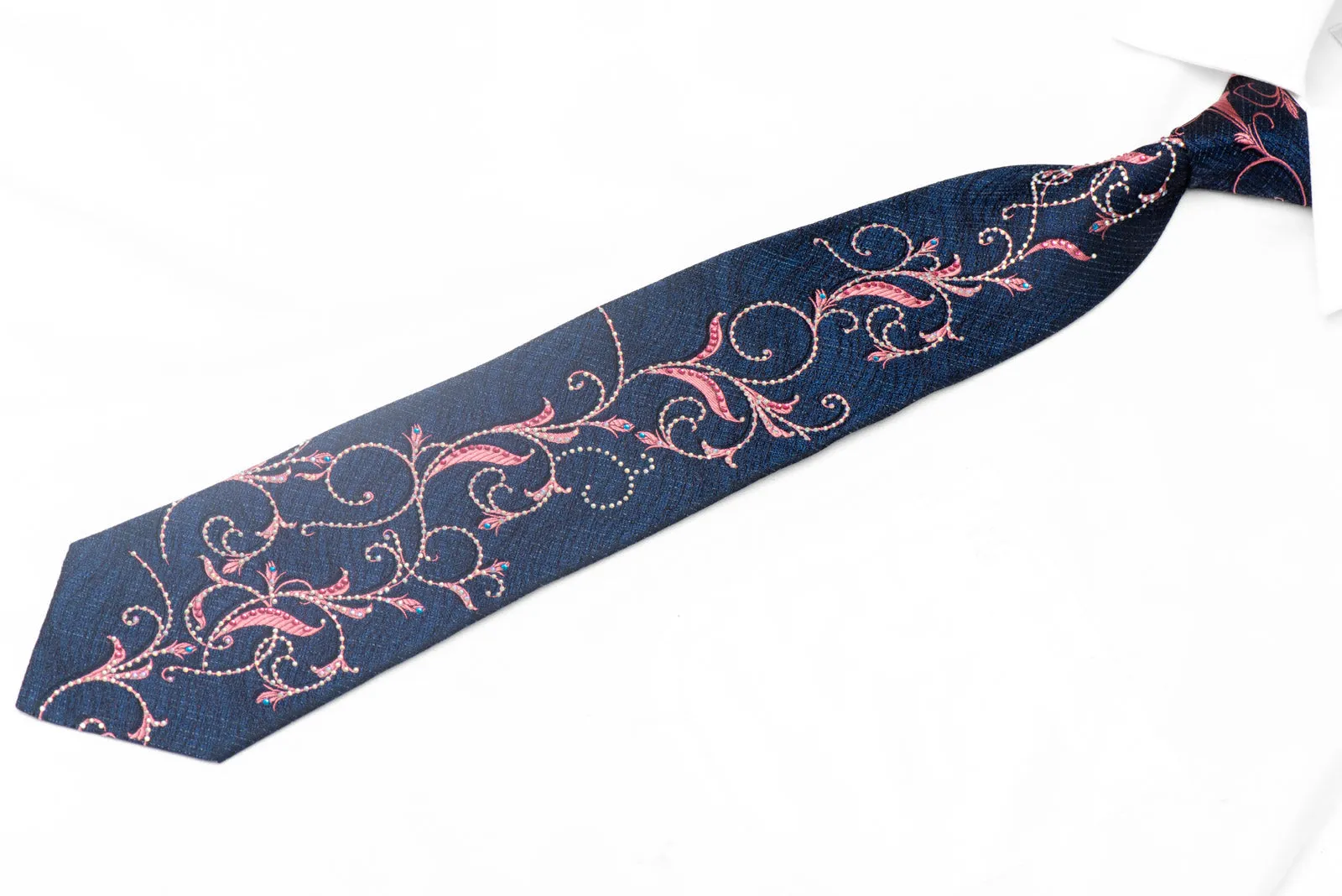 Pink Floral Scrolls On Navy Silk Necktie With Pink Blue Rhinestones