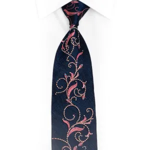 Pink Floral Scrolls On Navy Silk Necktie With Pink Blue Rhinestones