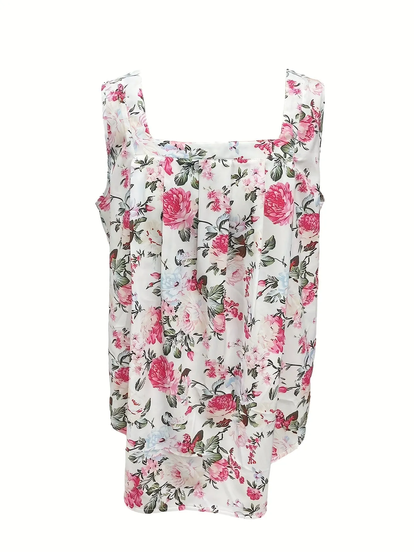 Plus Size Boho Tank Floral Print Square Neck Ruched Top