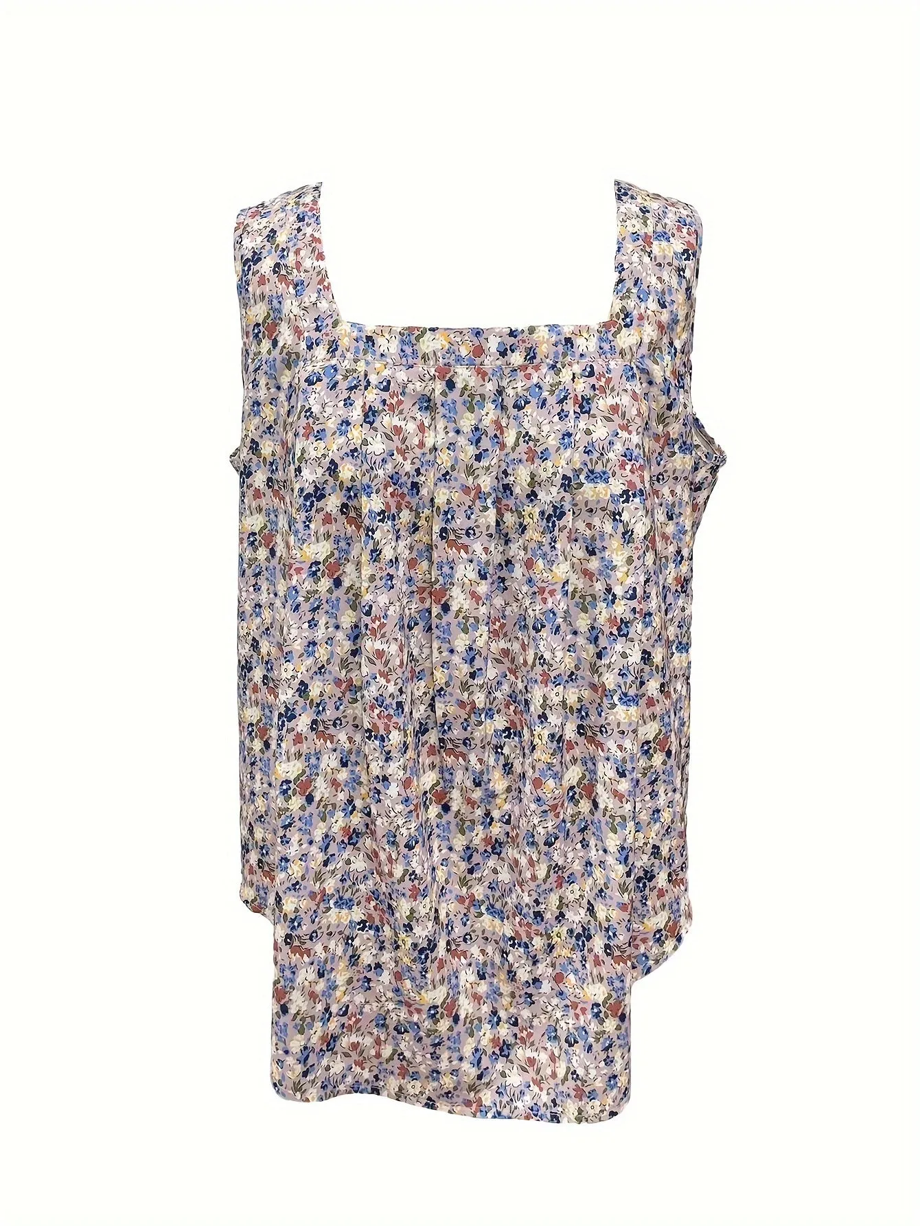 Plus Size Boho Tank Floral Print Square Neck Ruched Top