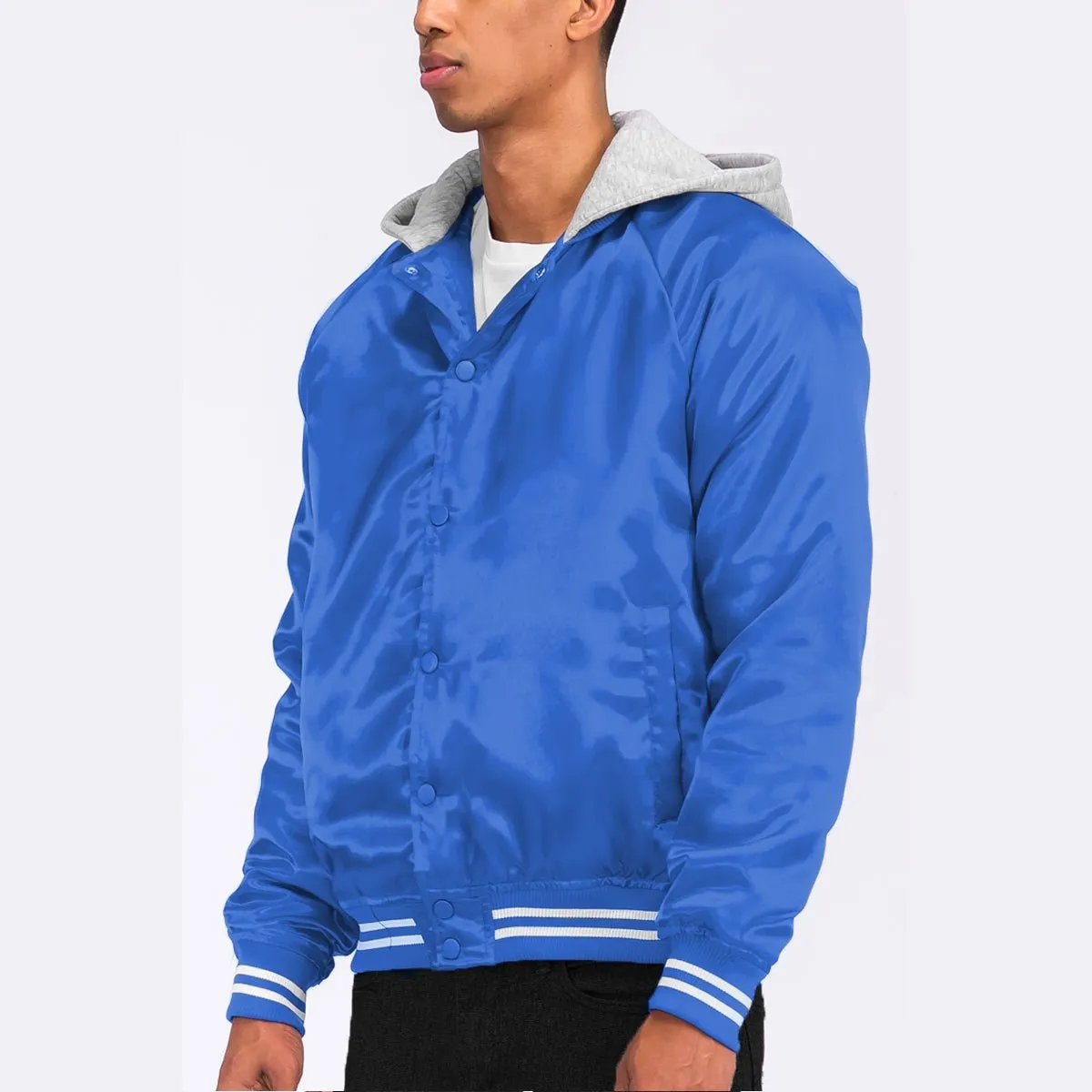 Royal Blue Satin Hooded Varsity Jacket