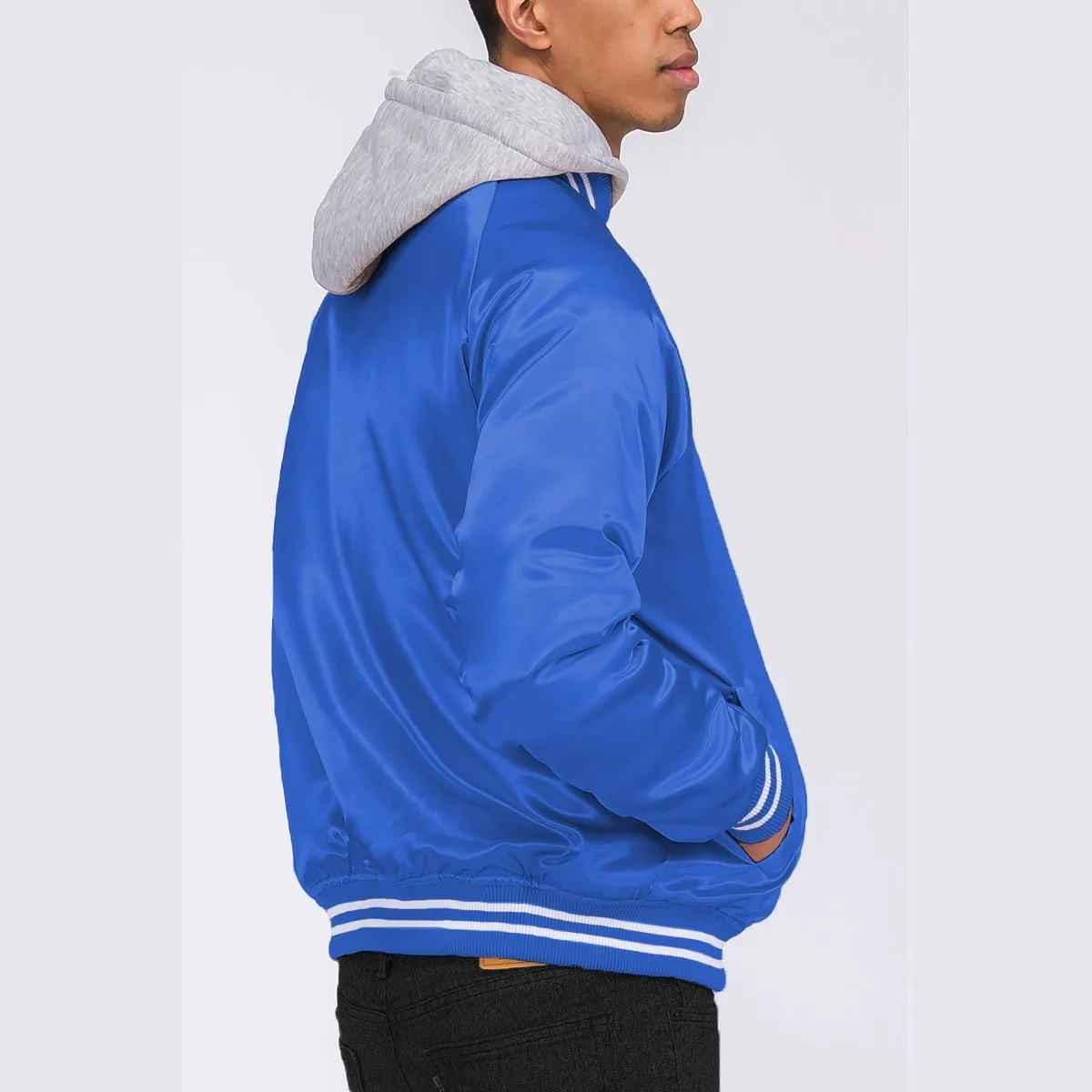 Royal Blue Satin Hooded Varsity Jacket