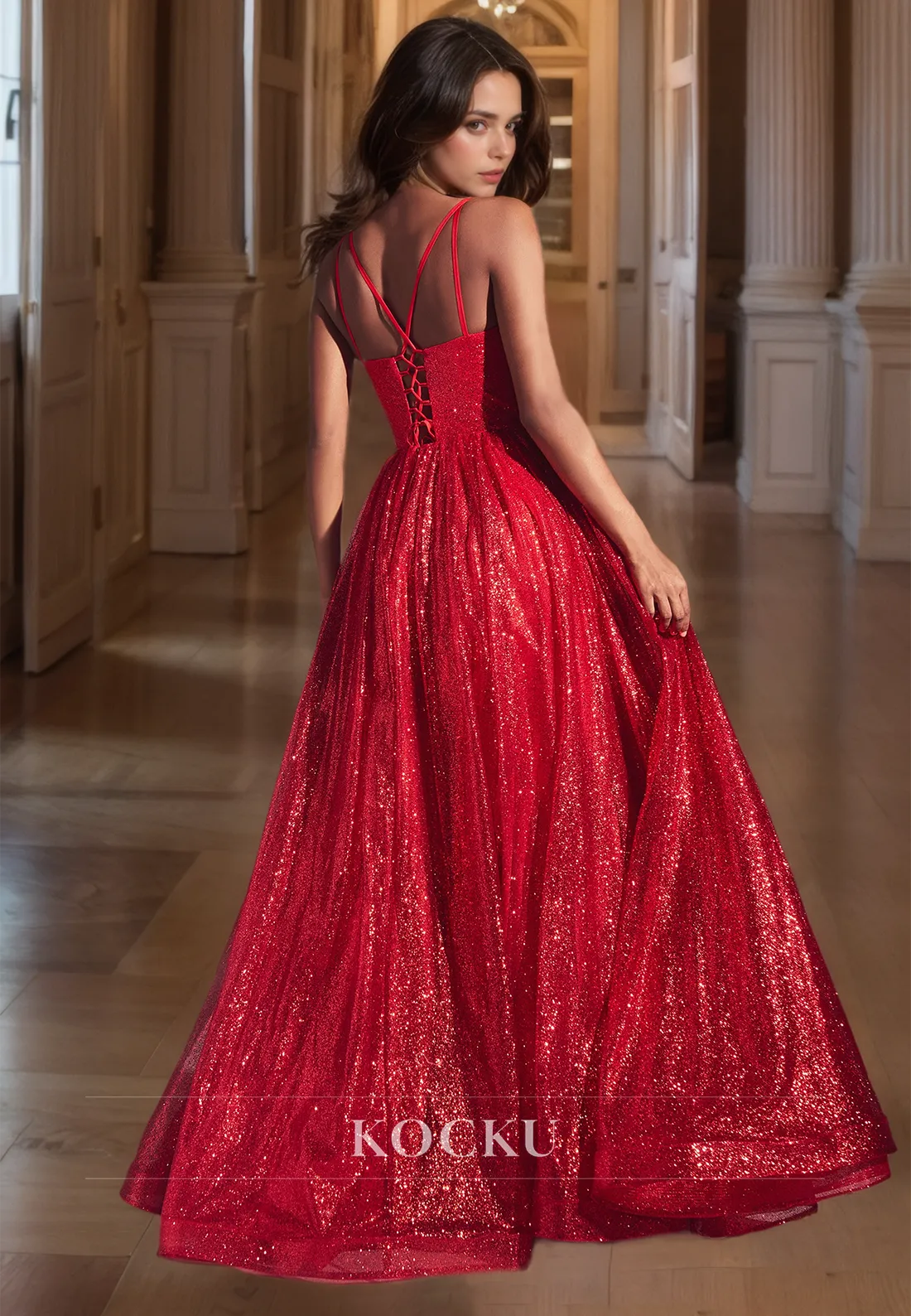 Sweetheart A-Line Spaghetti Straps Sleeveless Glitter Lace Evening Dress with Pleats Prom Dress