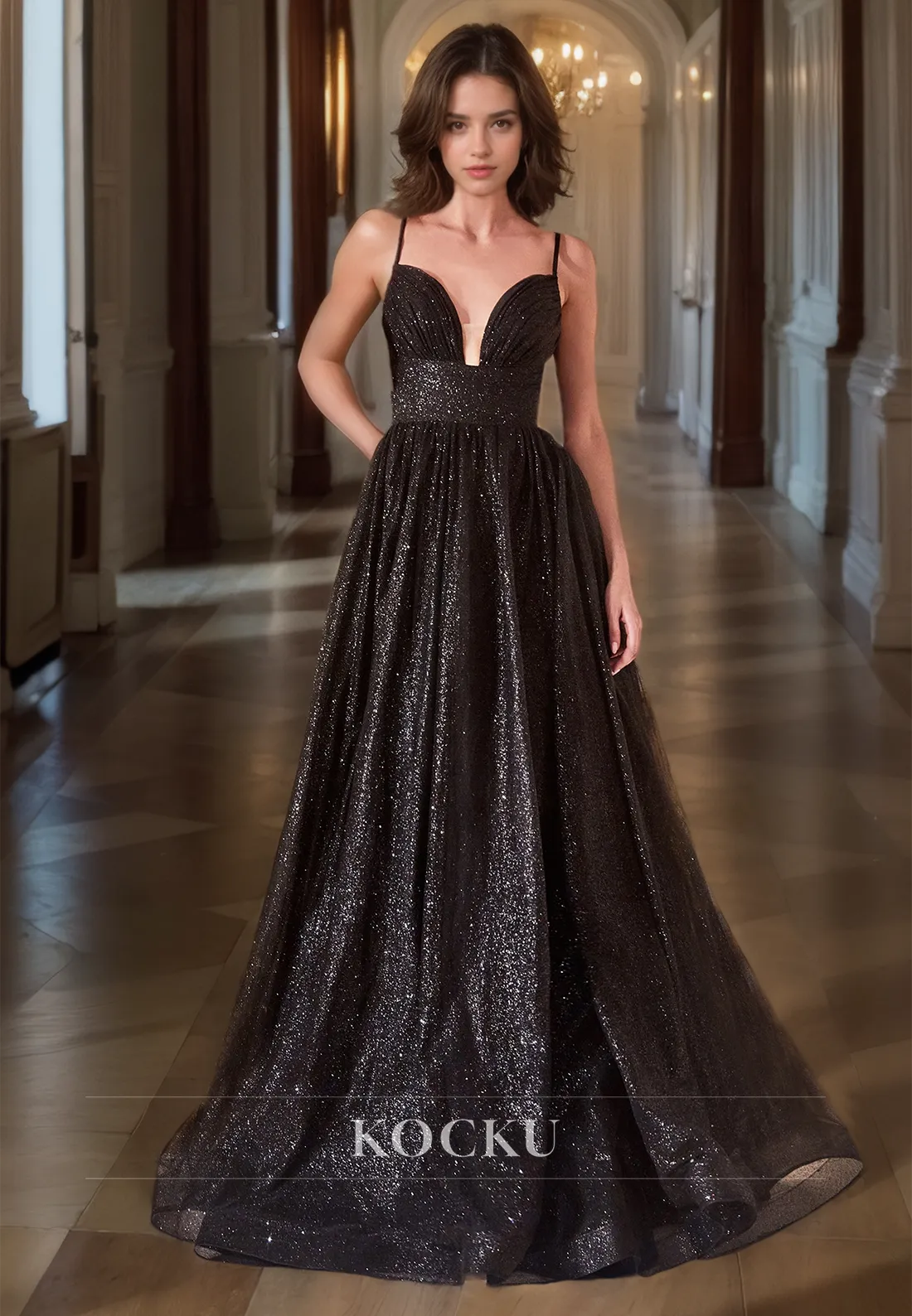 Sweetheart A-Line Spaghetti Straps Sleeveless Glitter Lace Evening Dress with Pleats Prom Dress