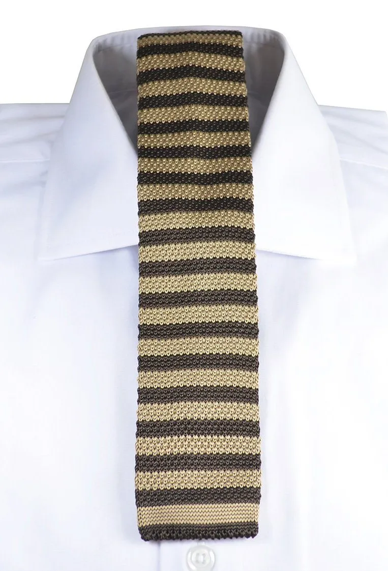 Tan and Brown Striped Knit Tie by Paul Malone