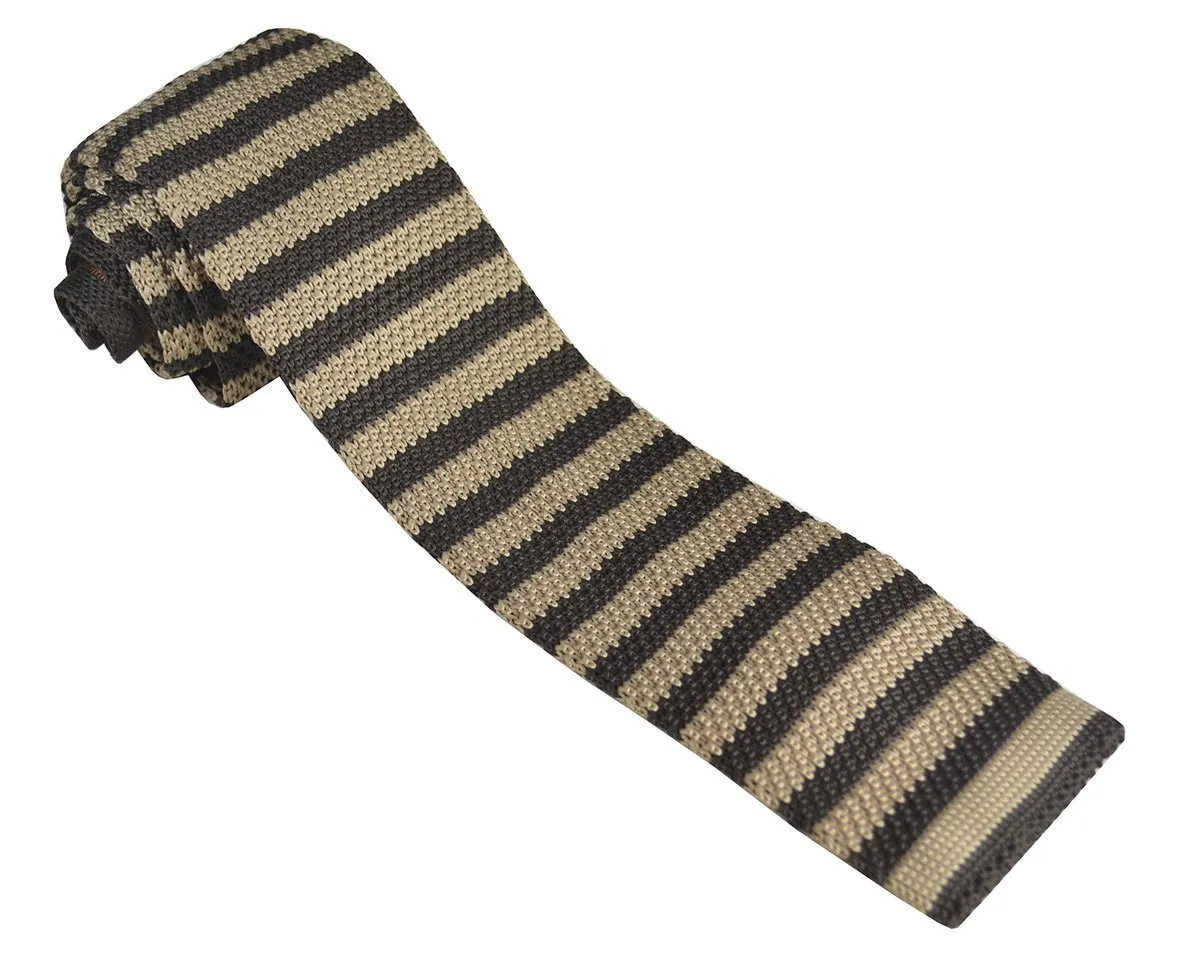Tan and Brown Striped Knit Tie by Paul Malone